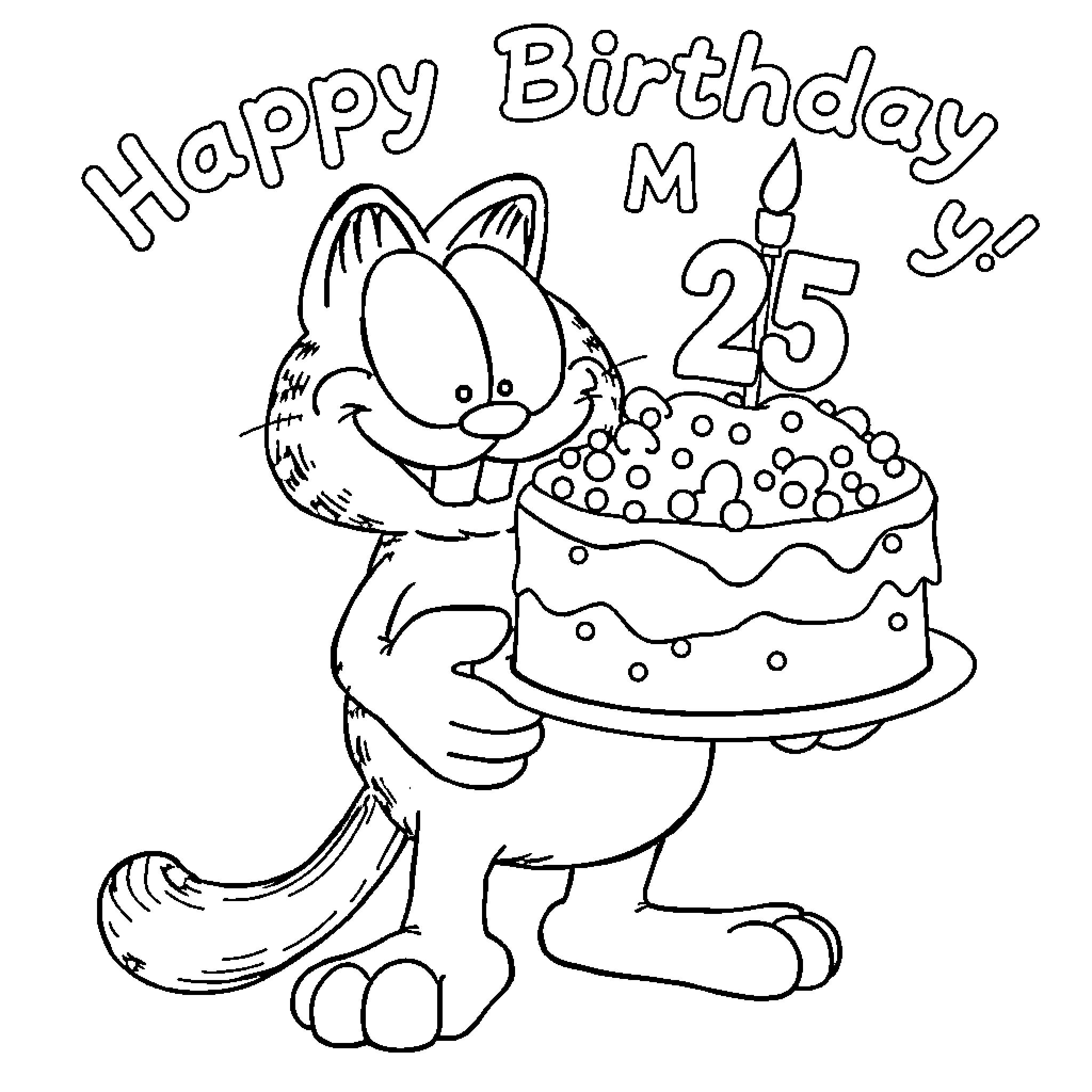 Garfield celebrating 25th birthday with cake Coloring Page (free black-and-white line drawing printable PDF for all, from beginners to advanced learners, including children, teens, adults, and seniors)