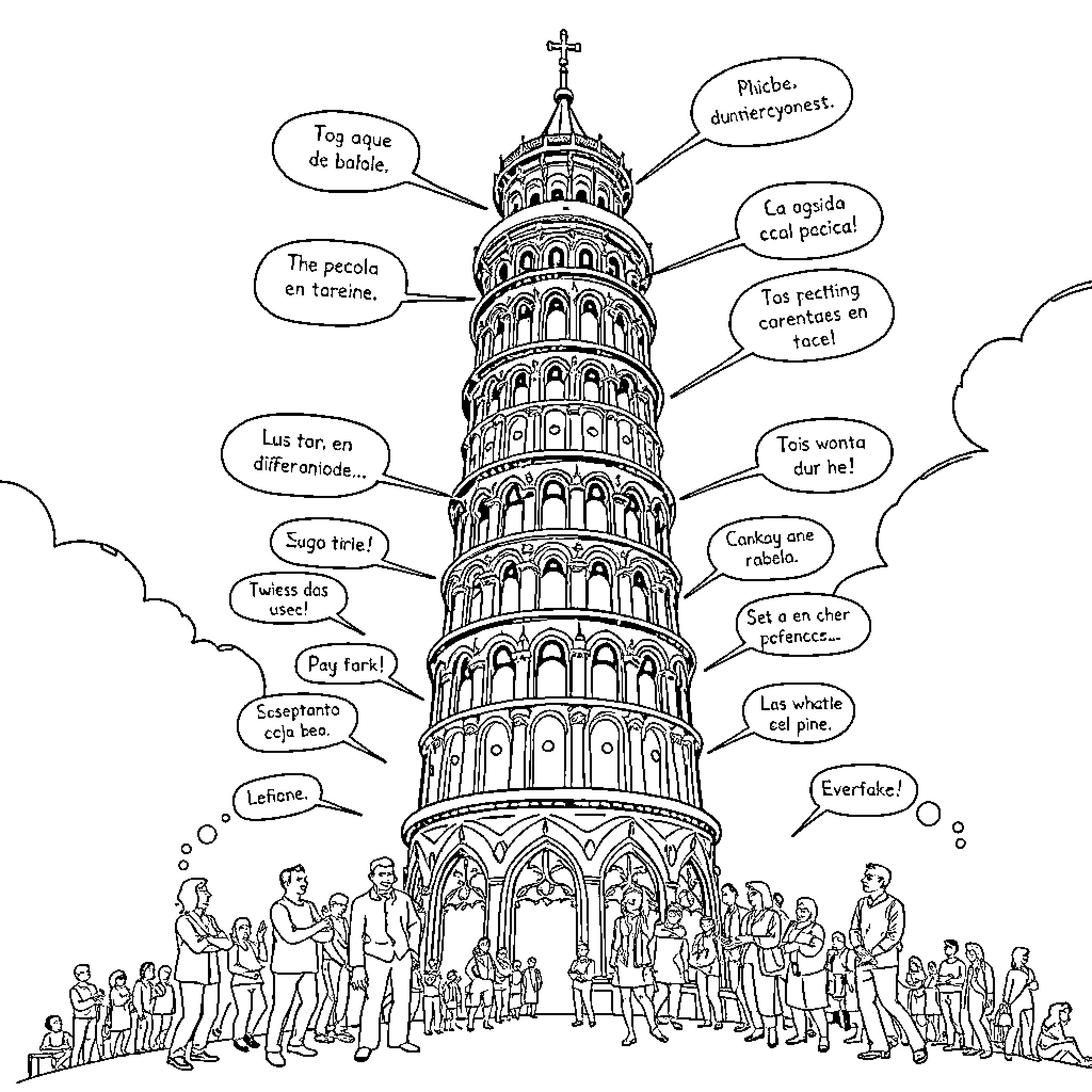Tower of people with various actions and expressions Coloring Page (free black-and-white line drawing printable PDF for all, from beginners to advanced learners, including children, teens, adults, and seniors)