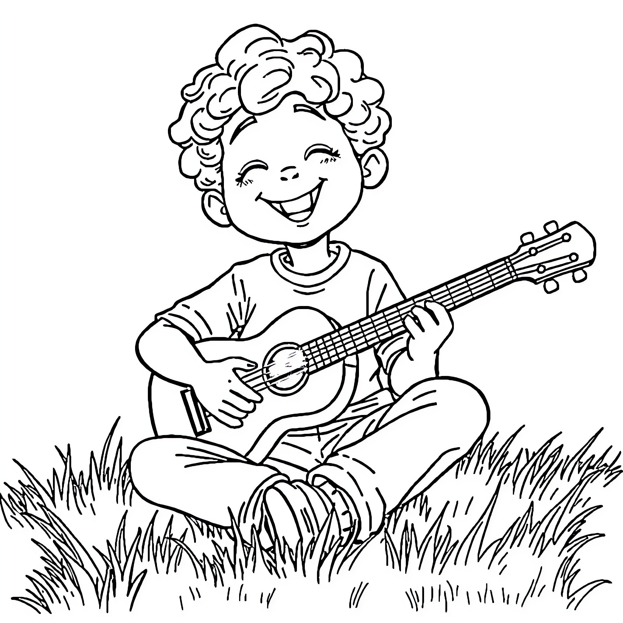 Boy playing guitar happily in the park Coloring Page (free black-and-white line drawing printable PDF for all, from beginners to advanced learners, including children, teens, adults, and seniors)