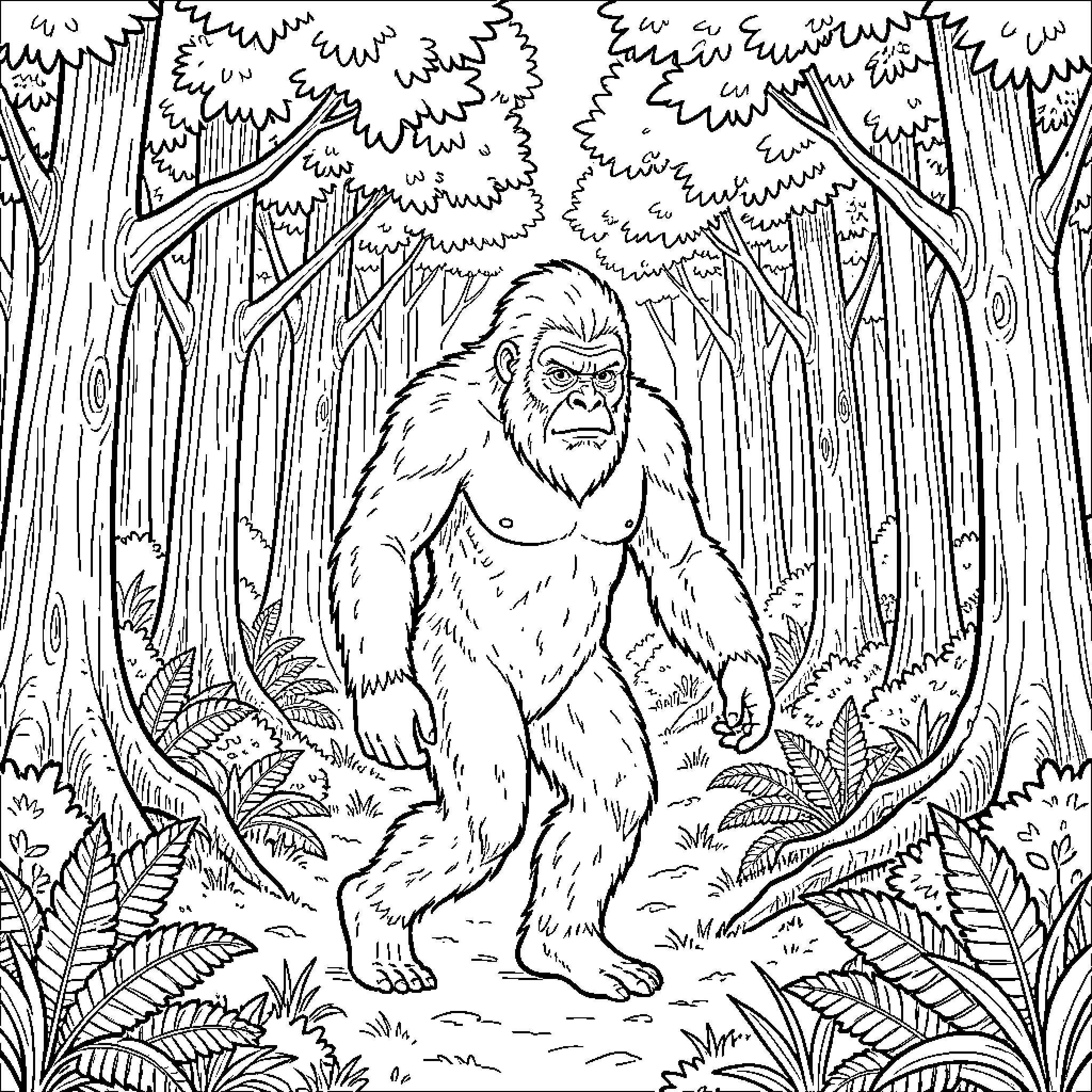 Bigfoot walking through a dense forest Coloring Page (free black-and-white line drawing printable PDF for all, from beginners to advanced learners, including children, teens, adults, and seniors)