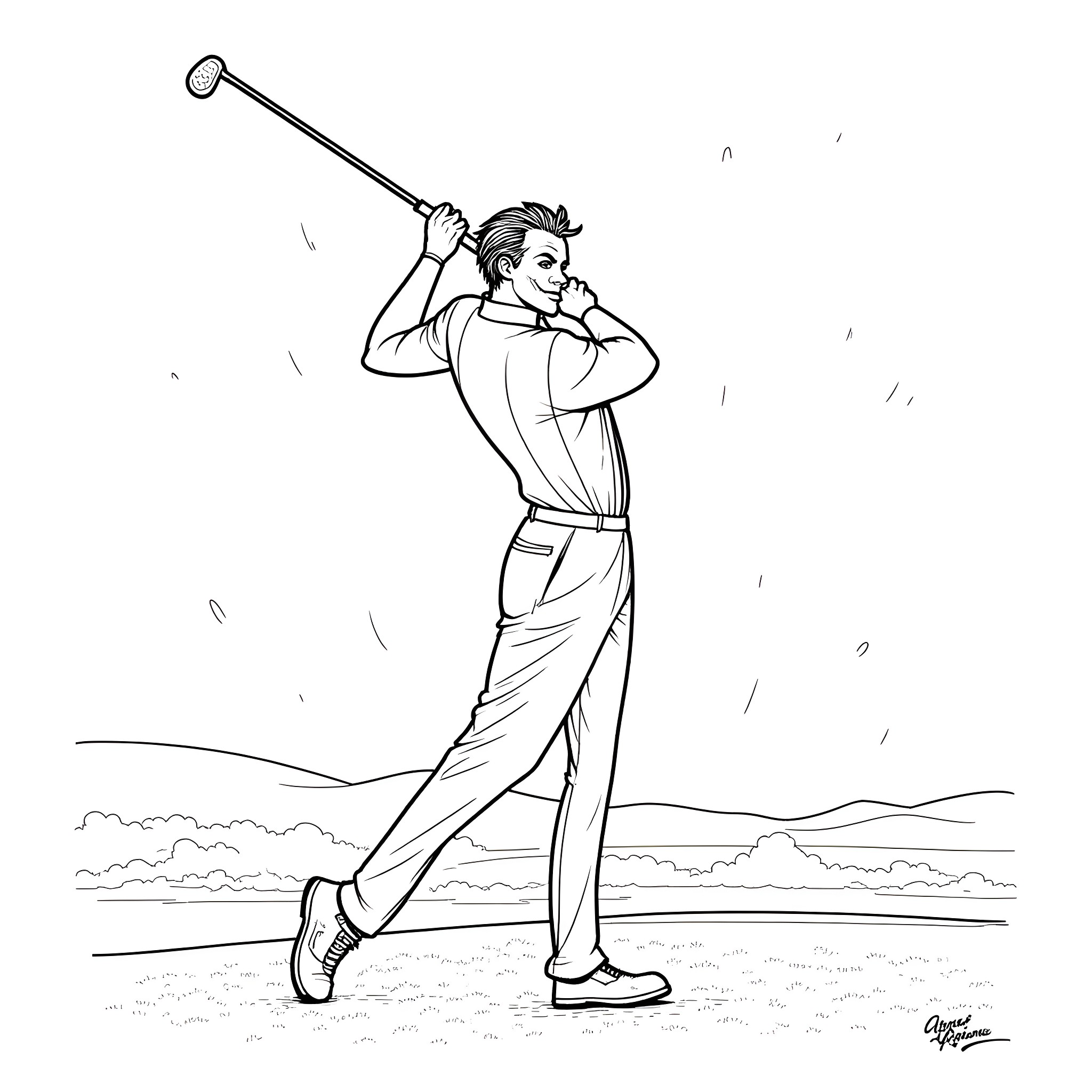 Joker Golfer Swinging Club in Landscape Coloring Page (free black-and-white line drawing printable PDF for all, from beginners to advanced learners, including children, teens, adults, and seniors)