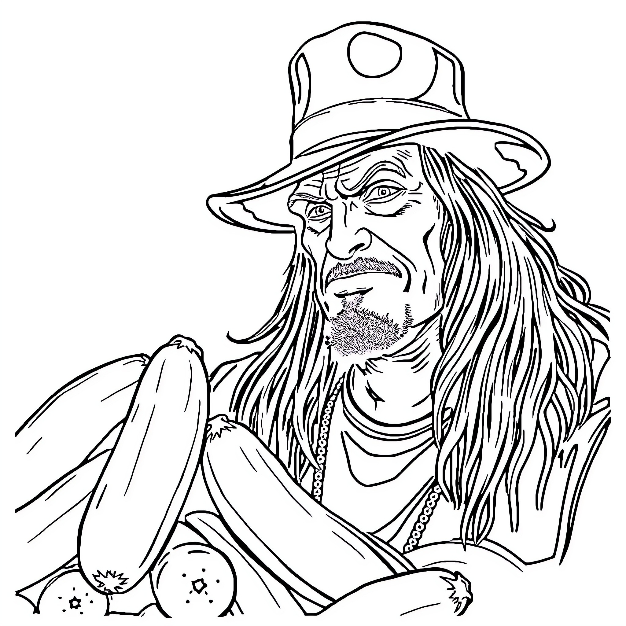Undertaker in Contemplative Pose Coloring Page (free black-and-white line drawing printable PDF for all, from beginners to advanced learners, including children, teens, adults, and seniors)