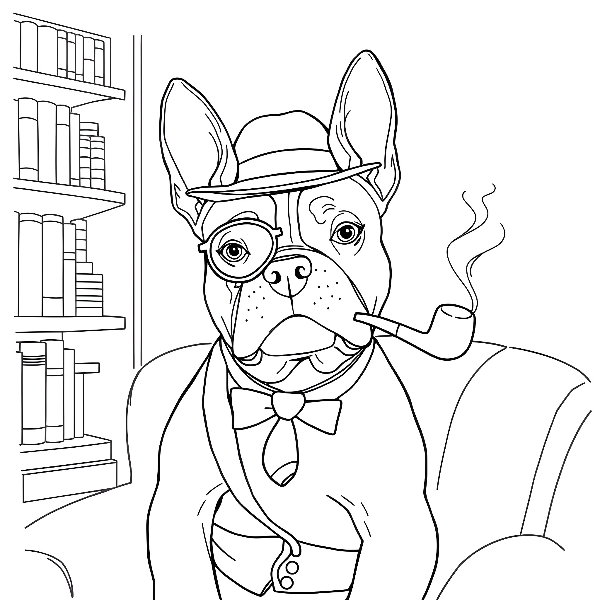 Boston Terrier wearing gentleman's attire and smoking pipe Coloring Page (free black-and-white line drawing printable PDF for all, from beginners to advanced learners, including children, teens, adults, and seniors)