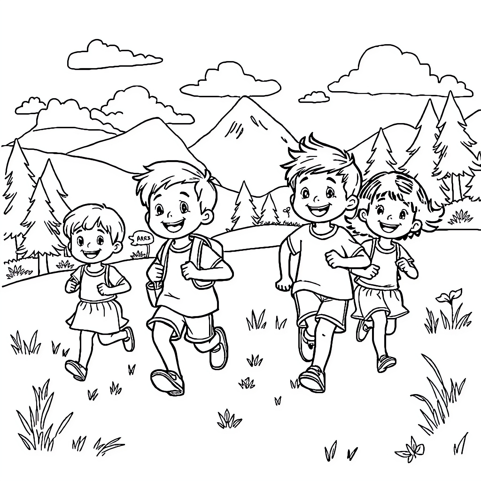 Child hiking and playing in natural scenery Coloring Page (free black-and-white line drawing printable PDF for all, from beginners to advanced learners, including children, teens, adults, and seniors)