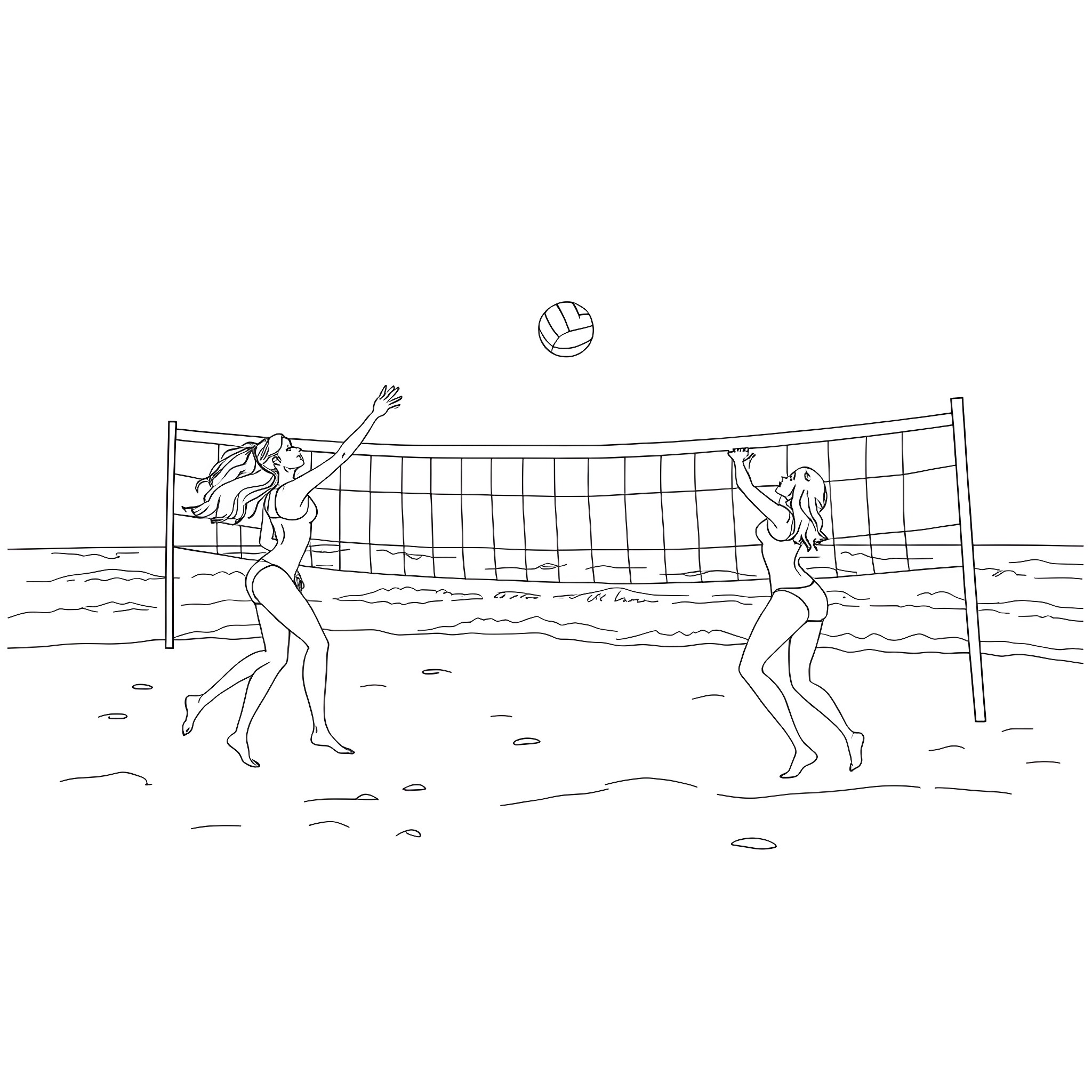 Girls playing volleyball on the beach Coloring Page (free black-and-white line drawing printable PDF for all, from beginners to advanced learners, including children, teens, adults, and seniors)