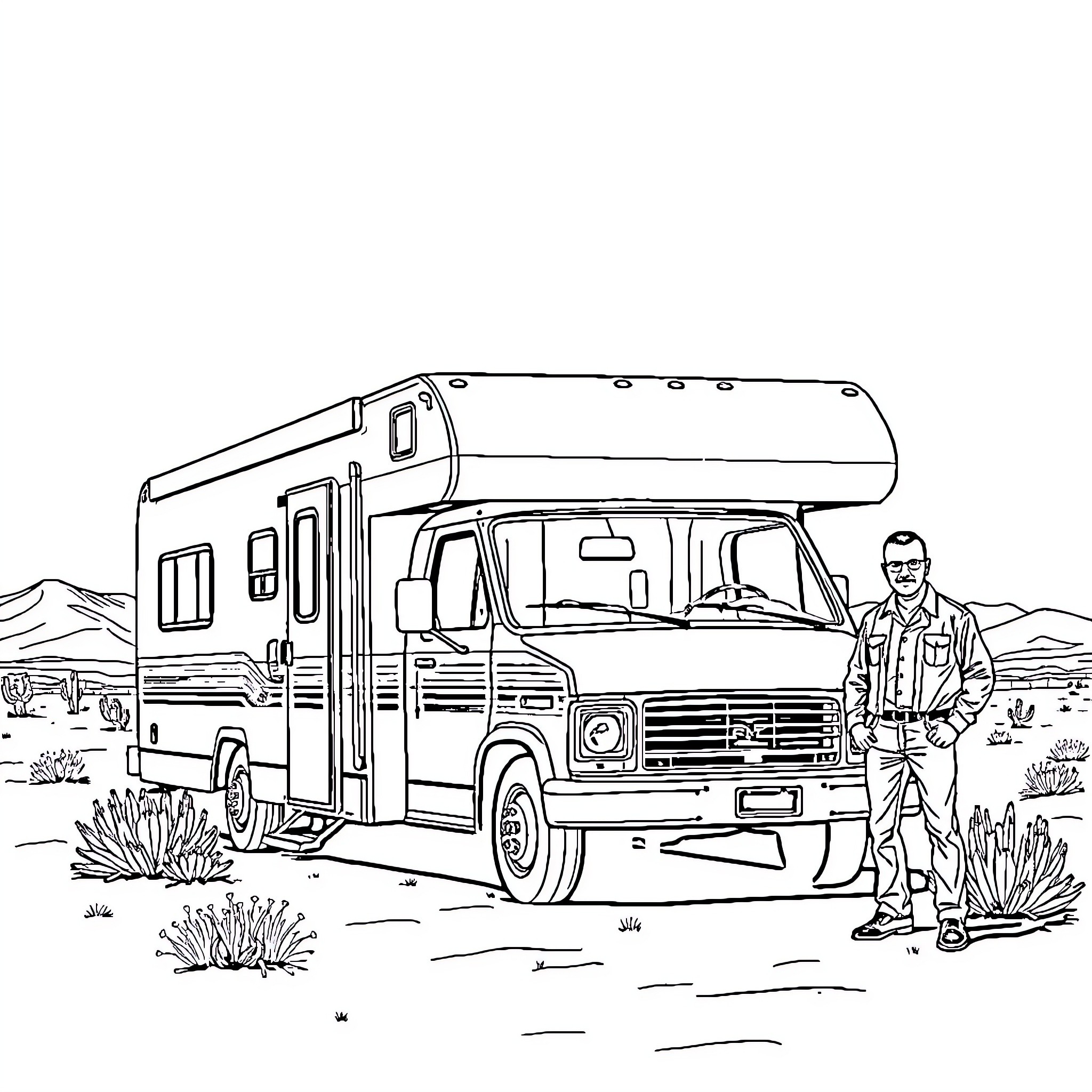 Breaking Bad: RV scene with desert landscape Coloring Page (free black-and-white line drawing printable PDF for all, from beginners to advanced learners, including children, teens, adults, and seniors)