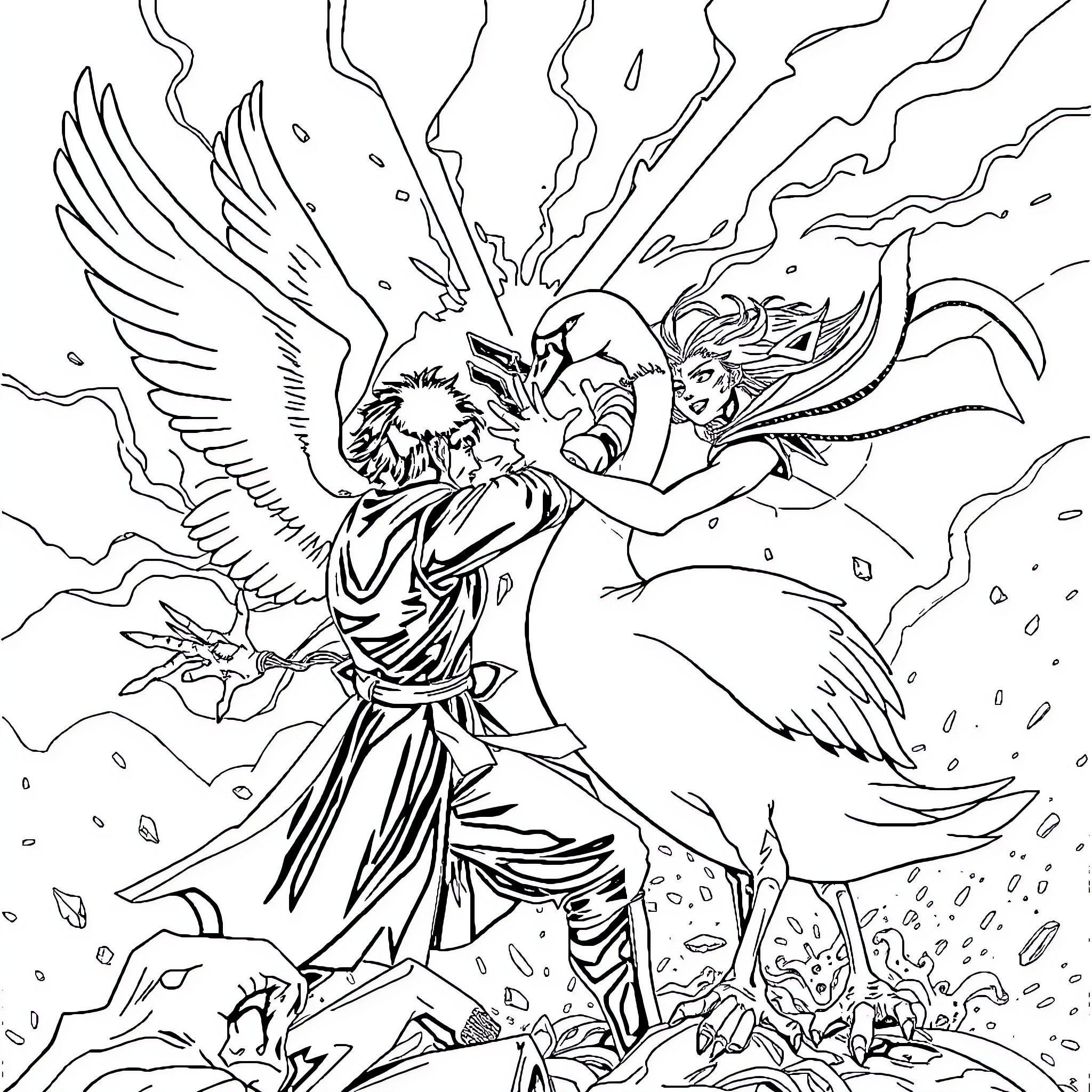 Swan in a fantastical battle scene Coloring Page (free black-and-white line drawing printable PDF for all, from beginners to advanced learners, including children, teens, adults, and seniors)