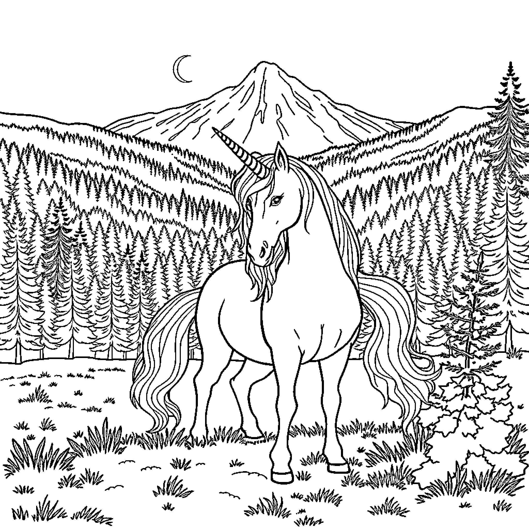 Unicorn standing majestic in the moonlit forest Coloring Page (free black-and-white line drawing printable PDF for all, from beginners to advanced learners, including children, teens, adults, and seniors)