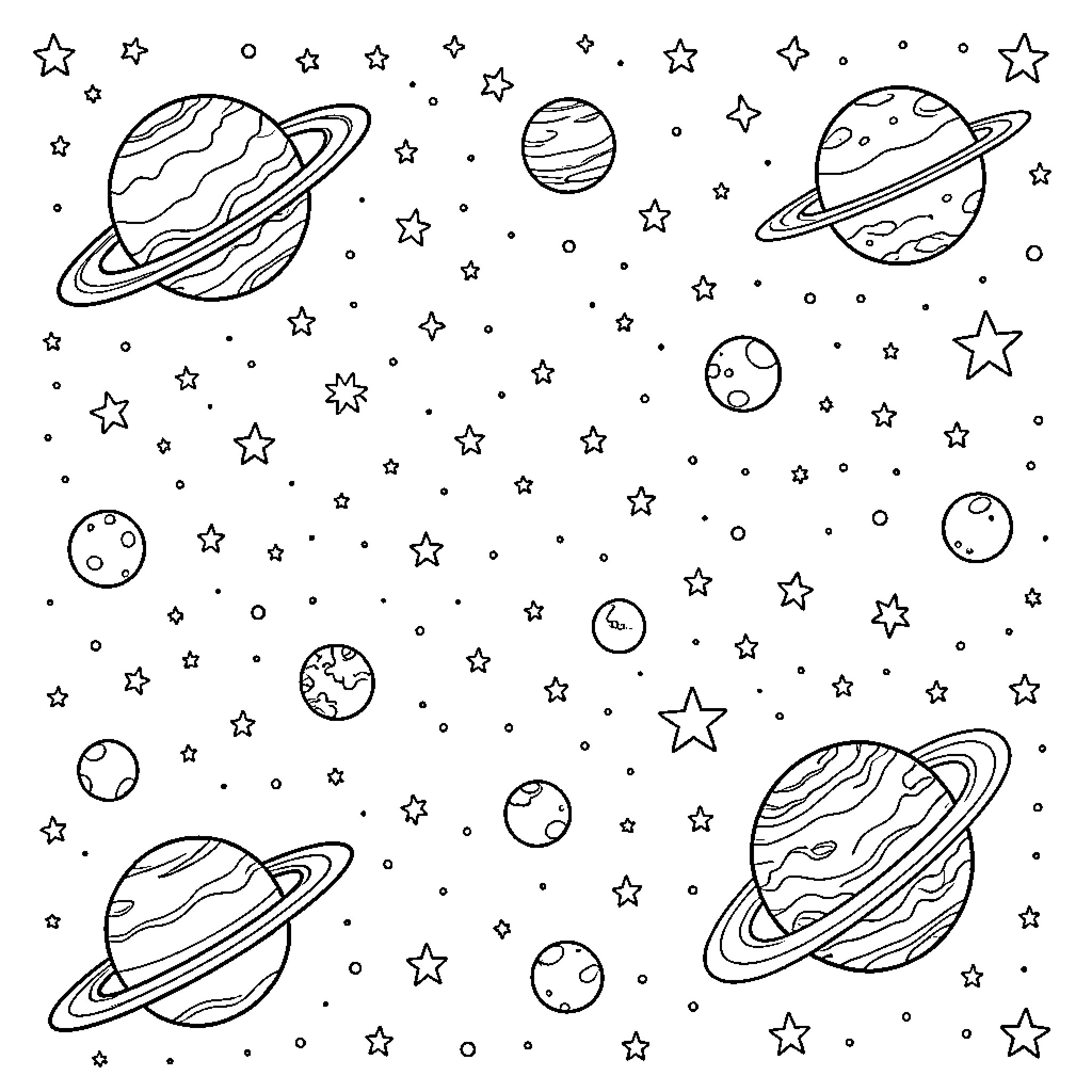 Space filled with planets and stars Coloring Page (free black-and-white line drawing printable PDF for all, from beginners to advanced learners, including children, teens, adults, and seniors)