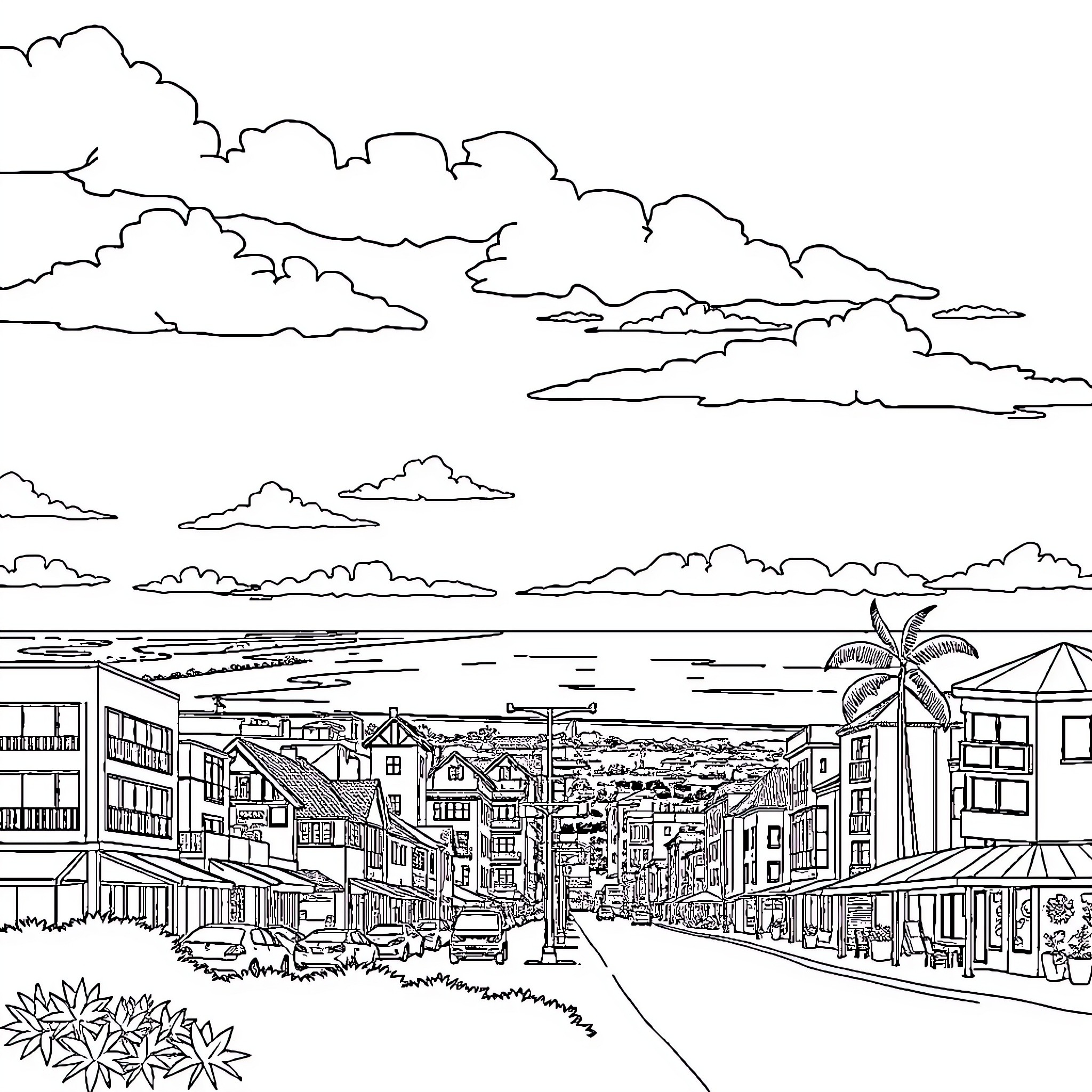 Townsville coastal town with buildings and palm trees Coloring Page (free black-and-white line drawing printable PDF for all, from beginners to advanced learners, including children, teens, adults, and seniors)