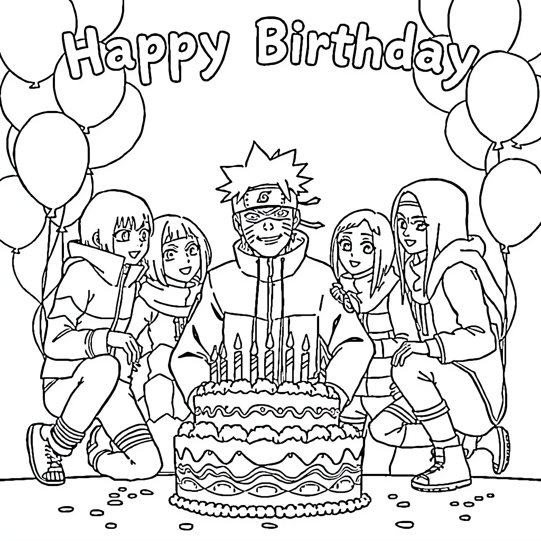 Naruto and friends celebrate a birthday party Coloring Page (free black-and-white line drawing printable PDF for all, from beginners to advanced learners, including children, teens, adults, and seniors)