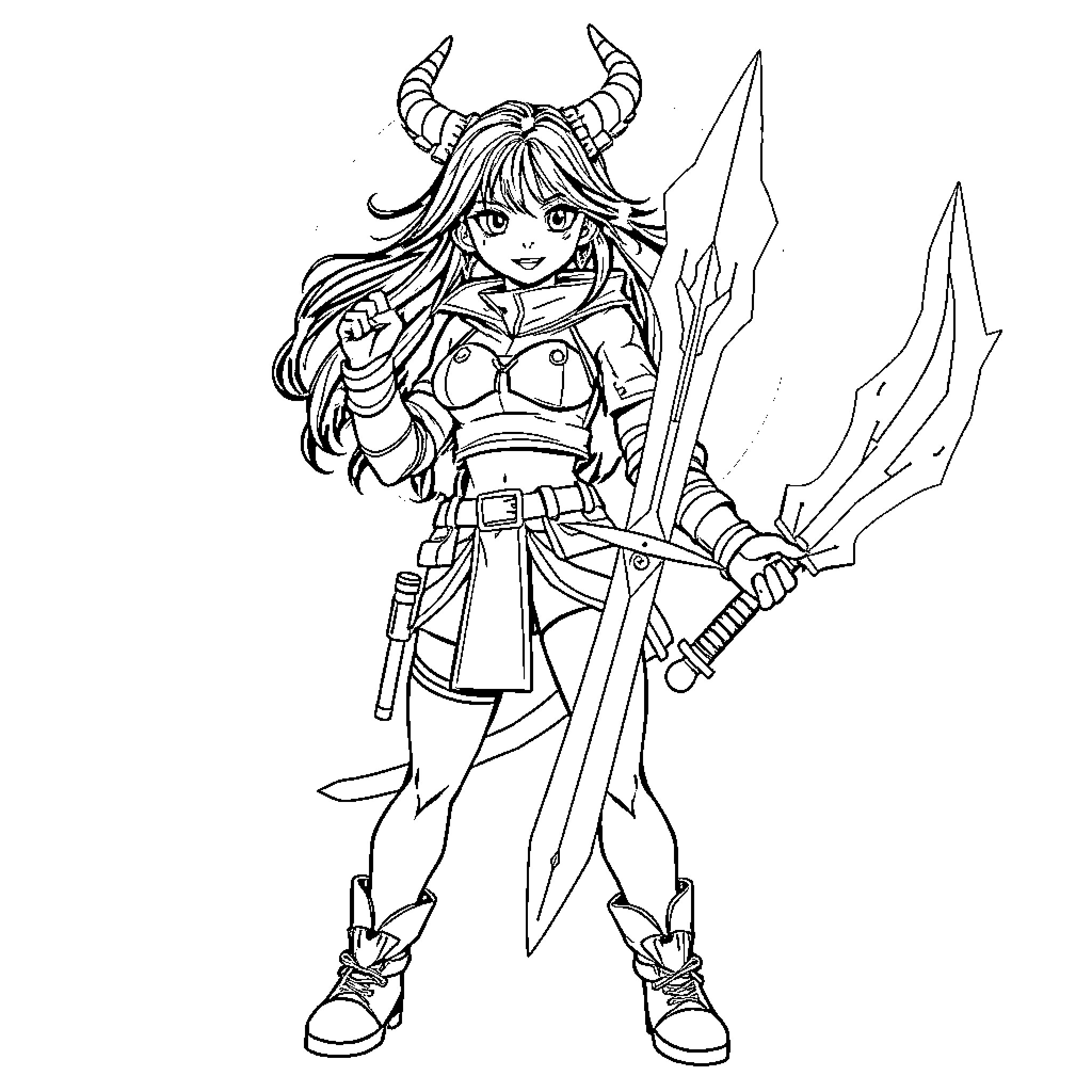 Zoey the Fearless Demon Warrior Coloring Page (free black-and-white line drawing printable PDF for all, from beginners to advanced learners, including children, teens, adults, and seniors)