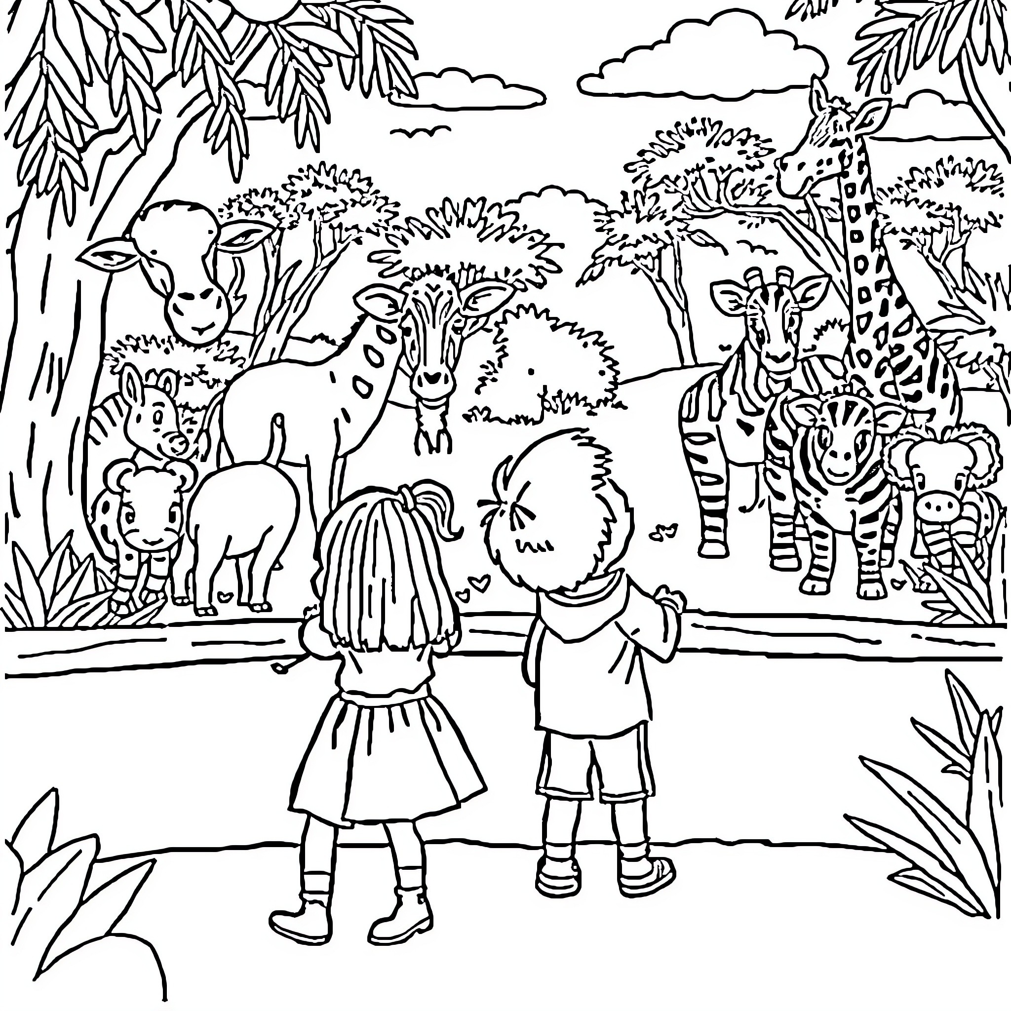 Child exploring animals in the jungle landscape Coloring Page (free black-and-white line drawing printable PDF for all, from beginners to advanced learners, including children, teens, adults, and seniors)