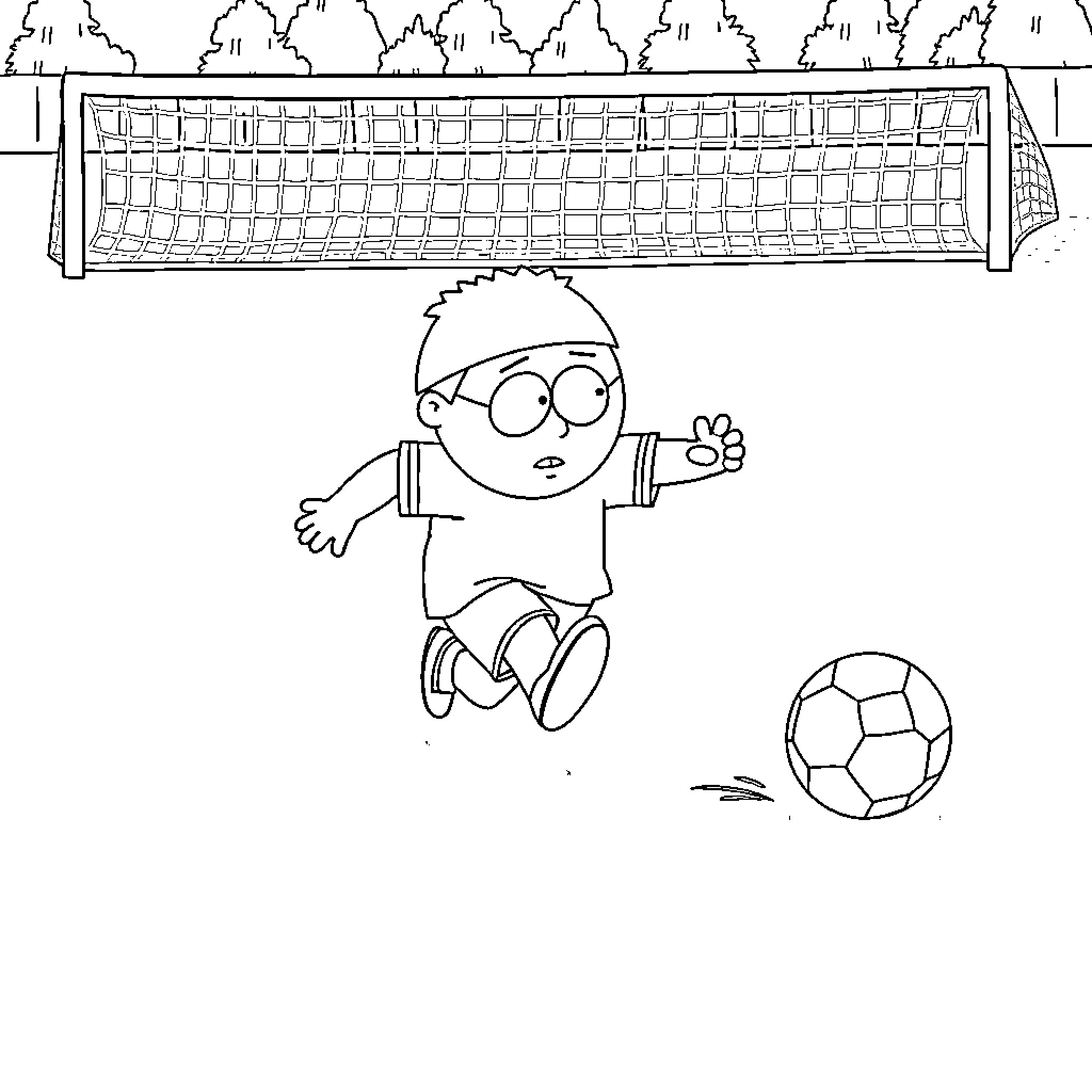 Eric Cartman playing soccer near volleyball net Coloring Page (free black-and-white line drawing printable PDF for all, from beginners to advanced learners, including children, teens, adults, and seniors)