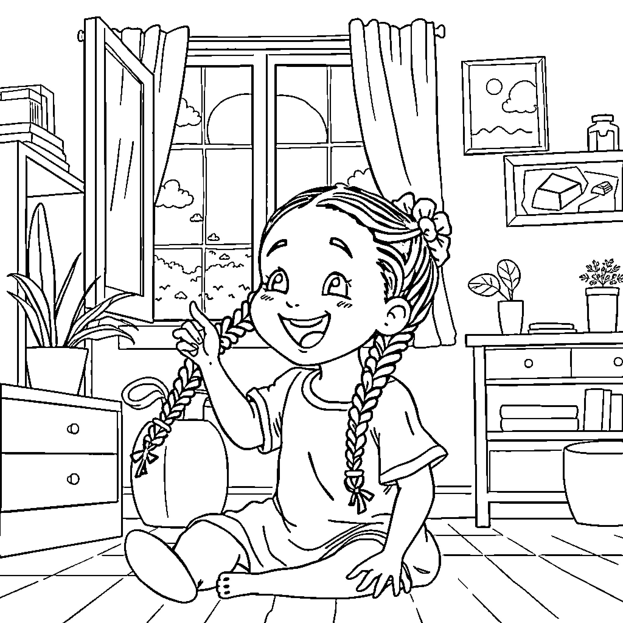 Girl playing happily in her room Coloring Page (free black-and-white line drawing printable PDF for all, from beginners to advanced learners, including children, teens, adults, and seniors)
