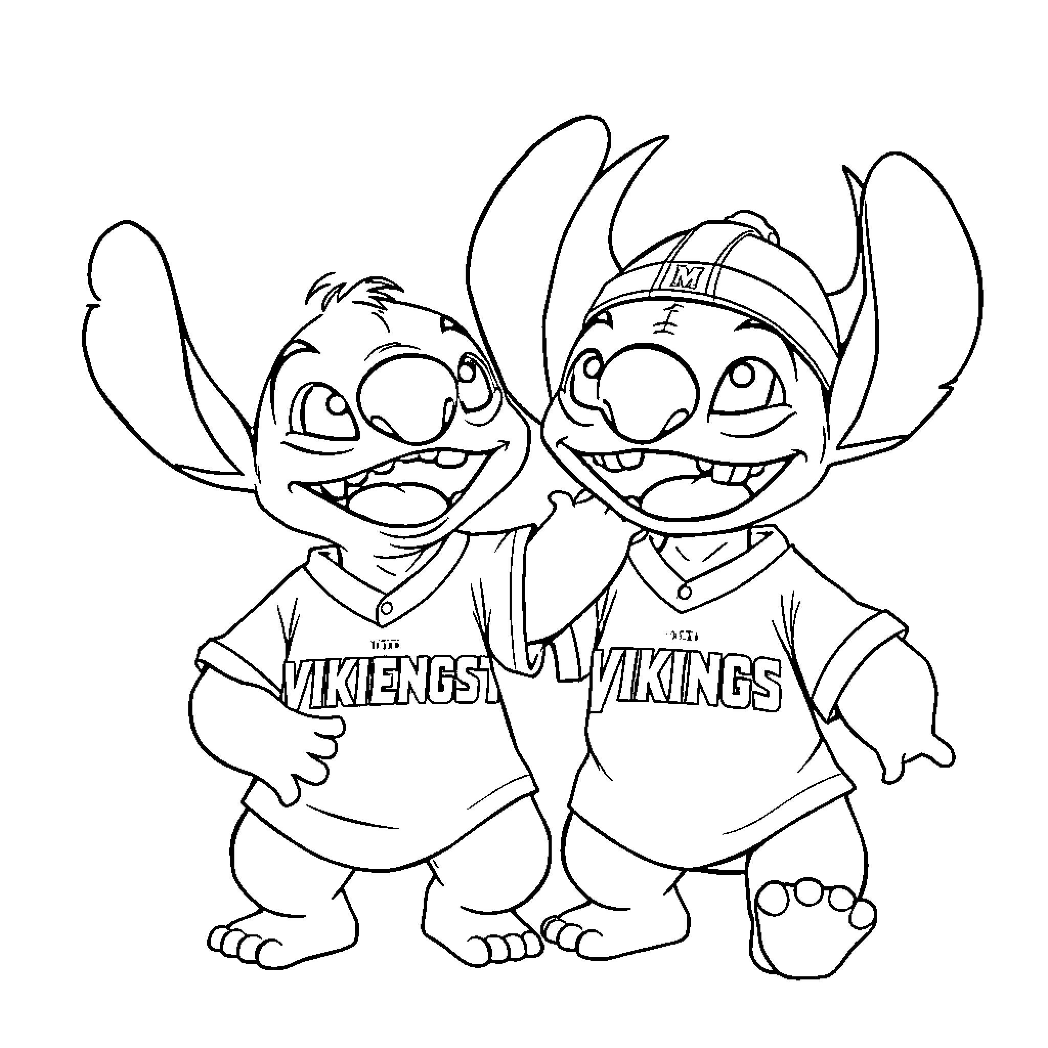 Lilo And Stitch Wearing Vikings Jerseys Coloring Page (free black-and-white line drawing printable PDF for all, from beginners to advanced learners, including children, teens, adults, and seniors)