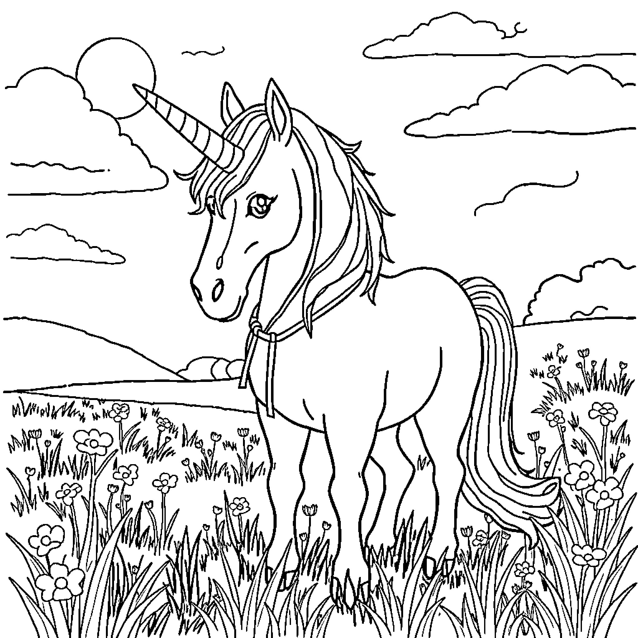 Unicorn standing in a grassy field Coloring Page (free black-and-white line drawing printable PDF for all, from beginners to advanced learners, including children, teens, adults, and seniors)