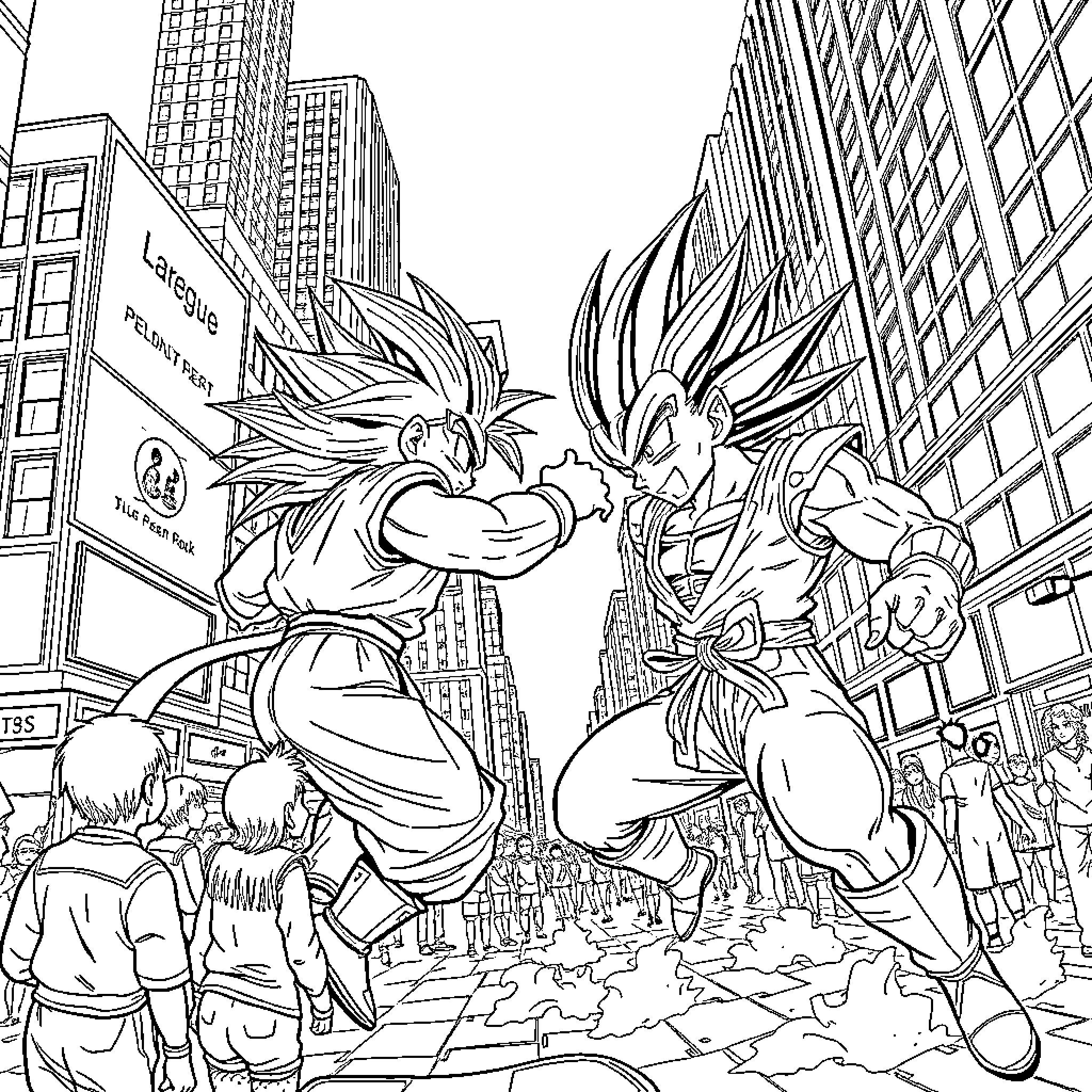 Goku and Vegeta battling in the city Coloring Page (free black-and-white line drawing printable PDF for all, from beginners to advanced learners, including children, teens, adults, and seniors)