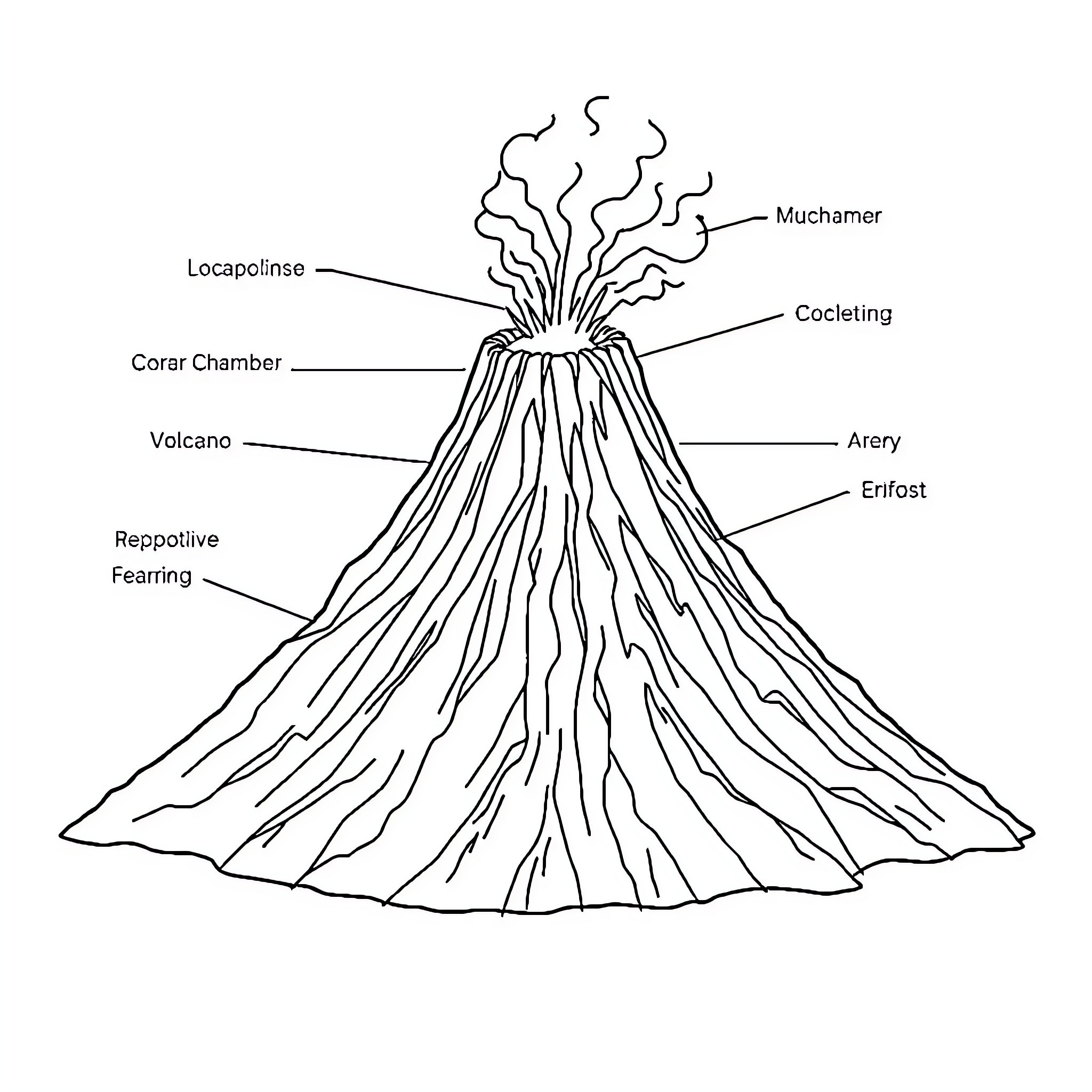 Volcano erupting with labeled parts Coloring Page (free black-and-white line drawing printable PDF for all, from beginners to advanced learners, including children, teens, adults, and seniors)