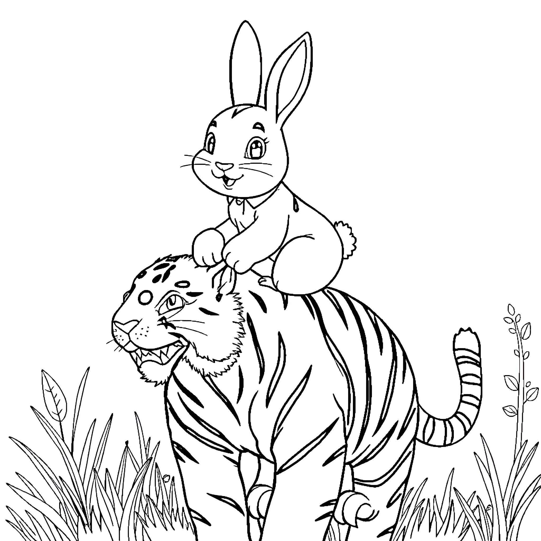Bunny riding a friendly tiger in the wild Coloring Page (free black-and-white line drawing printable PDF for all, from beginners to advanced learners, including children, teens, adults, and seniors)