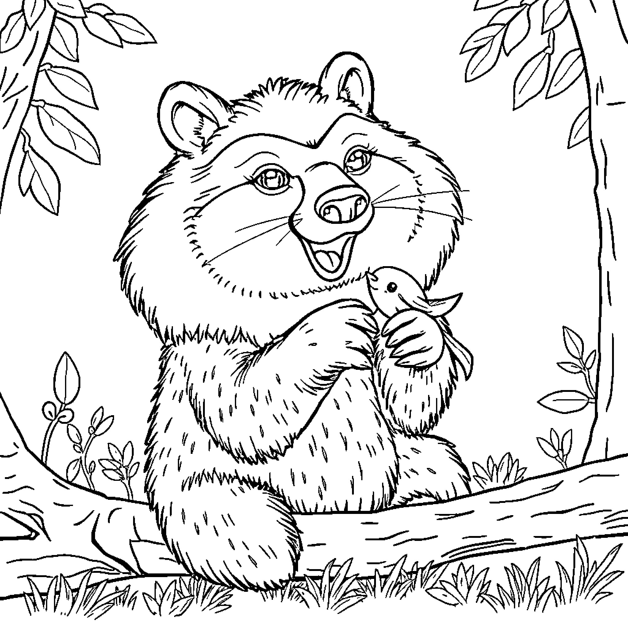Kangaroo with a small bird in the forest Coloring Page (free black-and-white line drawing printable PDF for all, from beginners to advanced learners, including children, teens, adults, and seniors)