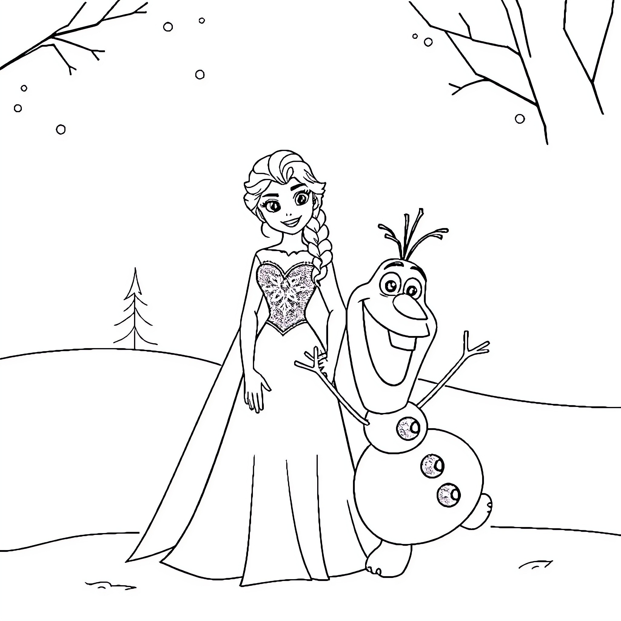 Elsa's Winter Adventure with Olaf Coloring Page (free black-and-white line drawing printable PDF for all, from beginners to advanced learners, including children, teens, adults, and seniors)