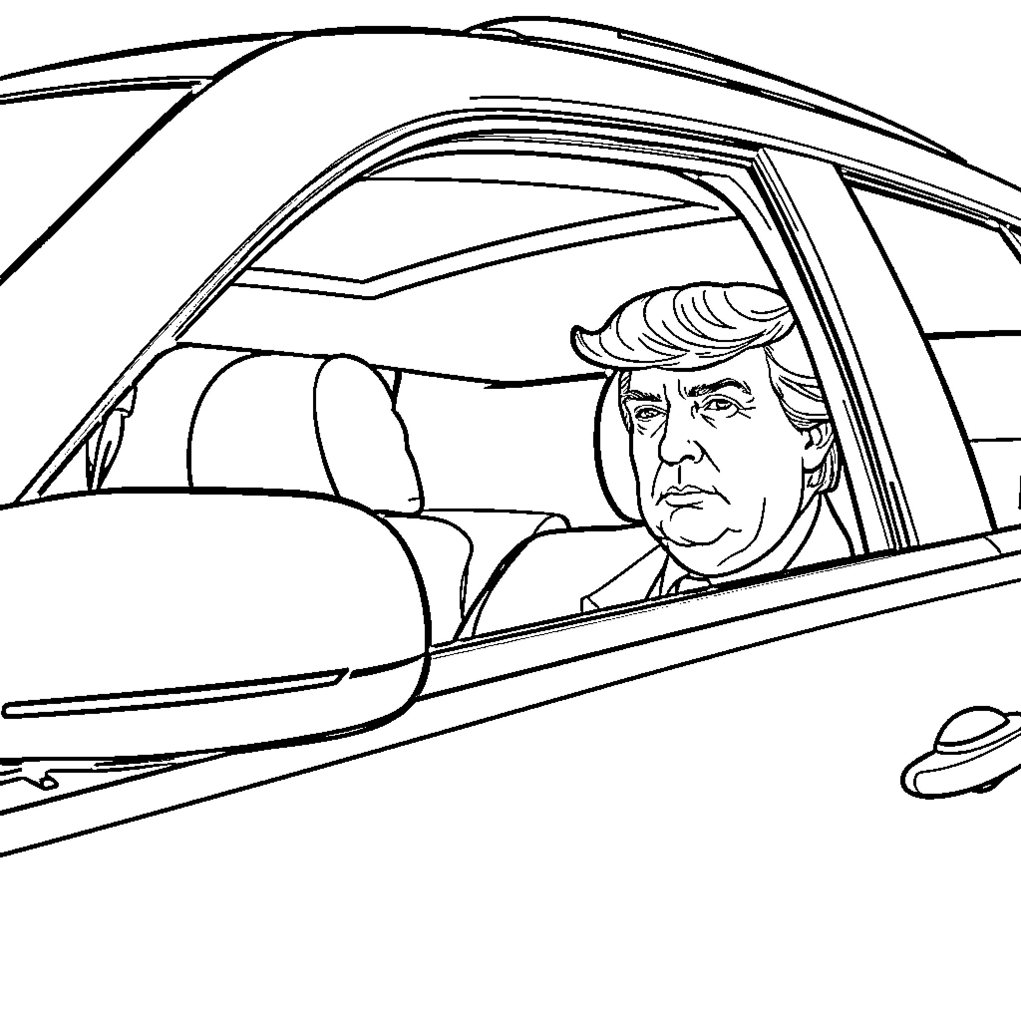 Donald Trump driving a vehicle with a serious expression Coloring Page (free black-and-white line drawing printable PDF for all, from beginners to advanced learners, including children, teens, adults, and seniors)