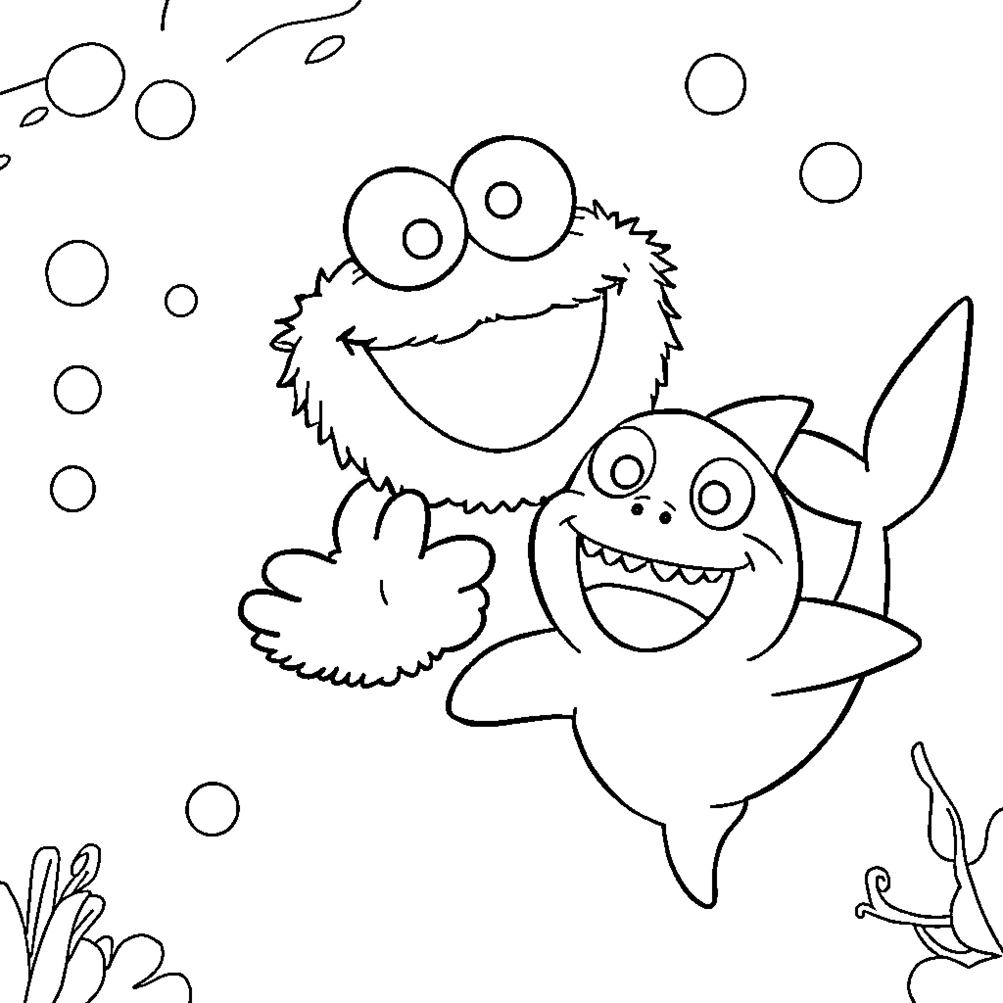 Cookie Monster playing with cute sharks in the ocean Coloring Page (free black-and-white line drawing printable PDF for all, from beginners to advanced learners, including children, teens, adults, and seniors)