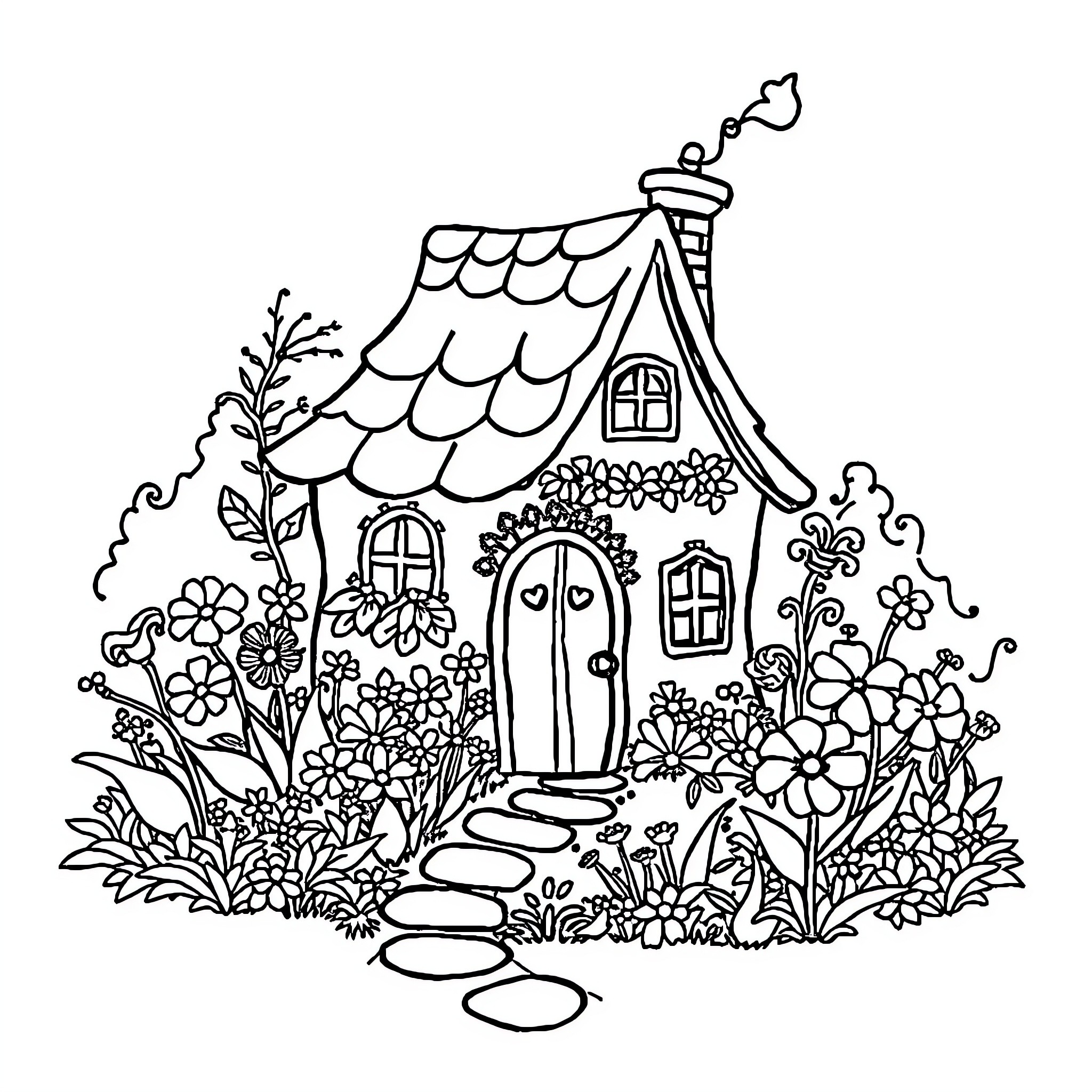 House in a whimsical garden with flowers Coloring Page (free black-and-white line drawing printable PDF for all, from beginners to advanced learners, including children, teens, adults, and seniors)