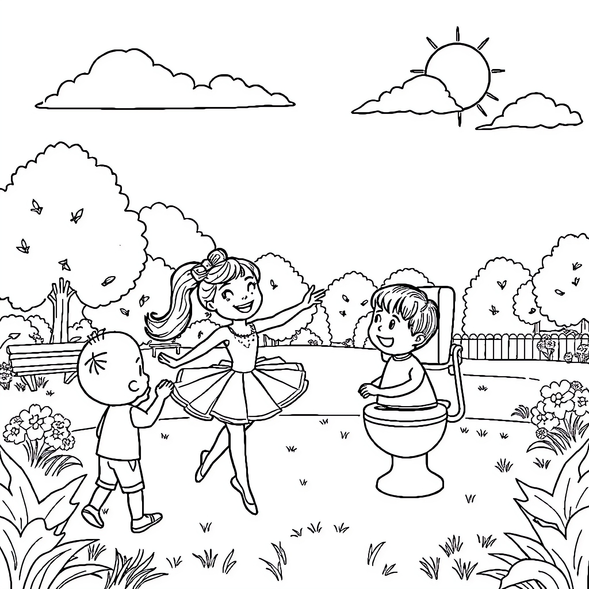 Roblox Characters Playing in Outdoor Scene Coloring Page (free black-and-white line drawing printable PDF for all, from beginners to advanced learners, including children, teens, adults, and seniors)
