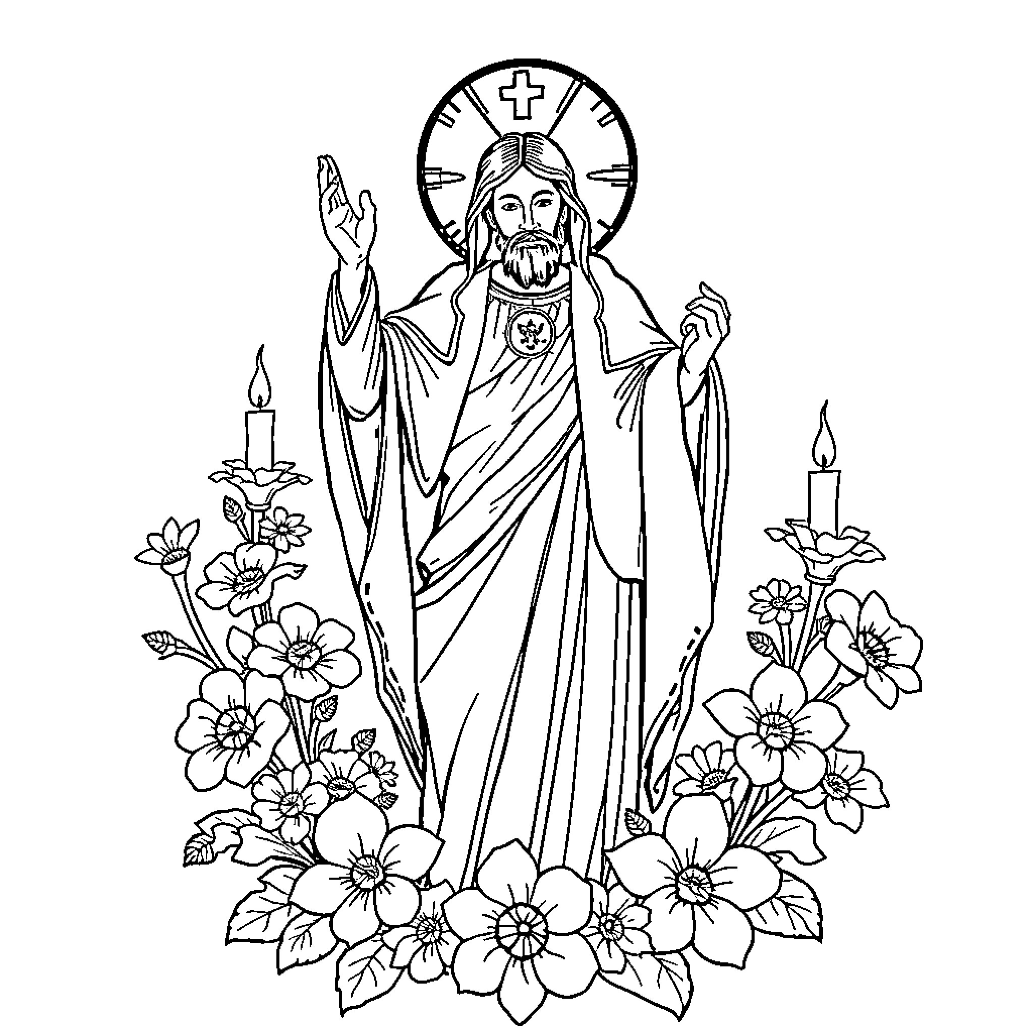 Señor de los Milagros: Religious Figure Surrounded by Flowers Coloring Page (free black-and-white line drawing printable PDF for all, from beginners to advanced learners, including children, teens, adults, and seniors)
