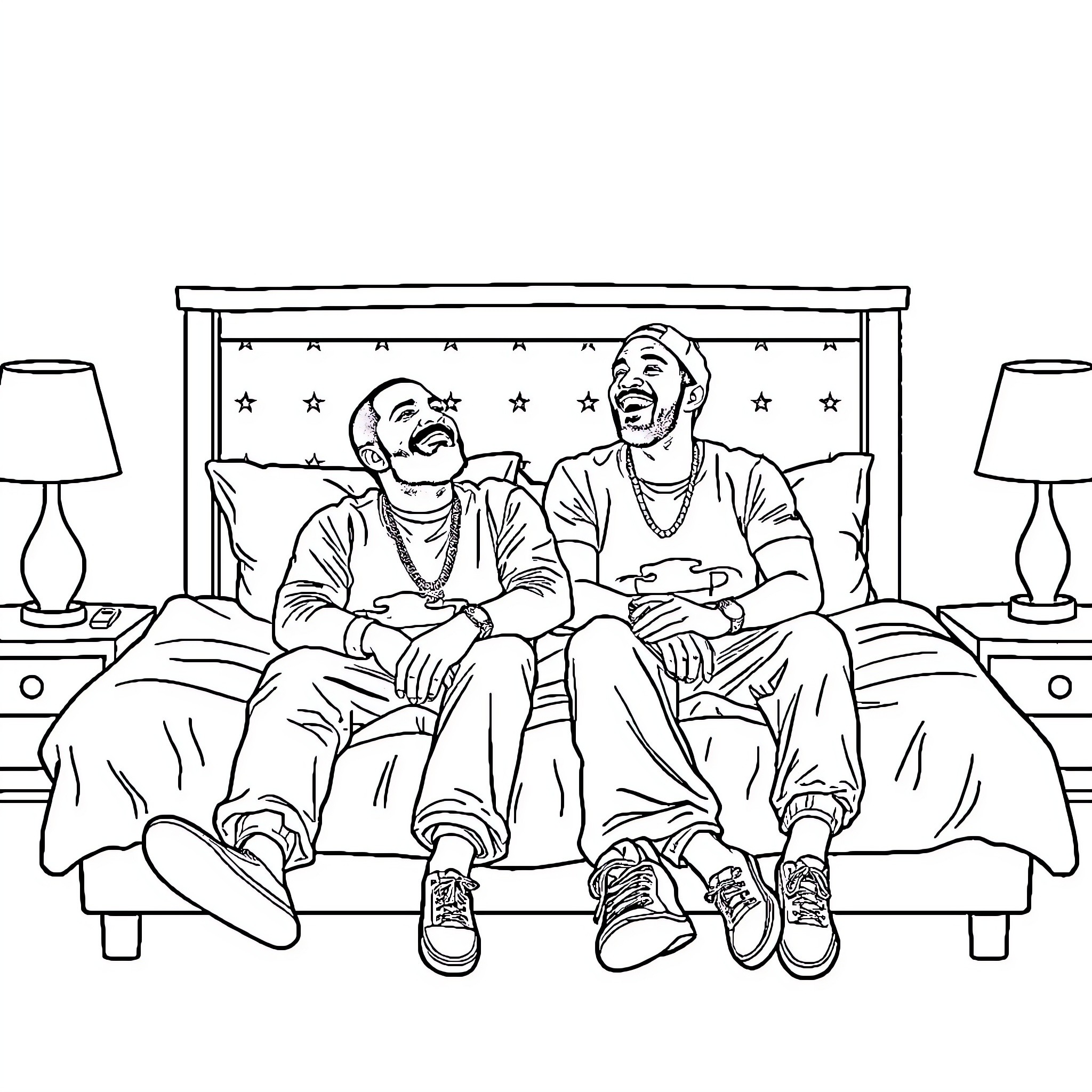 Drake friends enjoying relaxing evening together Coloring Page (free black-and-white line drawing printable PDF for all, from beginners to advanced learners, including children, teens, adults, and seniors)