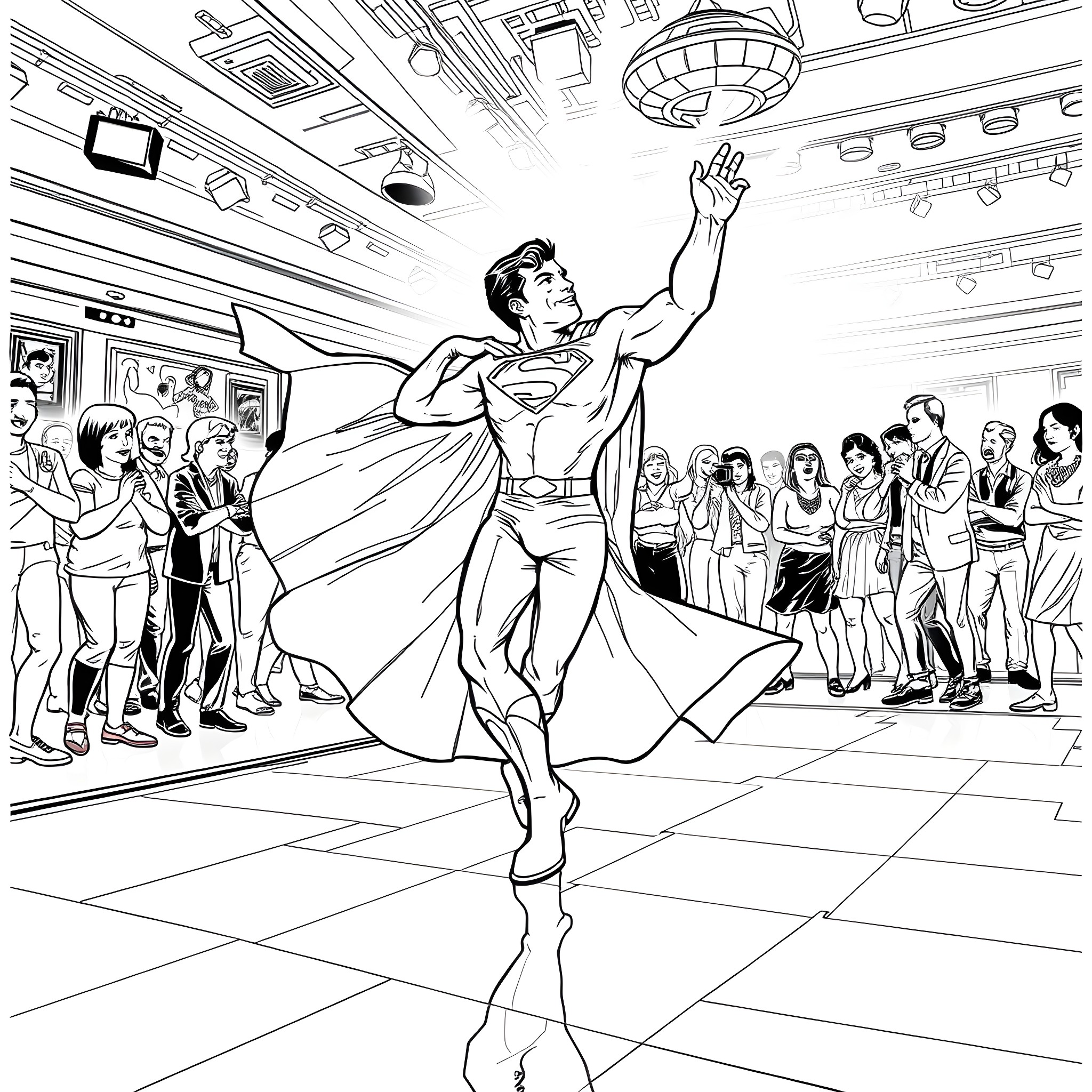 Superman heroically saves the day in a crowded scene Coloring Page (free black-and-white line drawing printable PDF for all, from beginners to advanced learners, including children, teens, adults, and seniors)