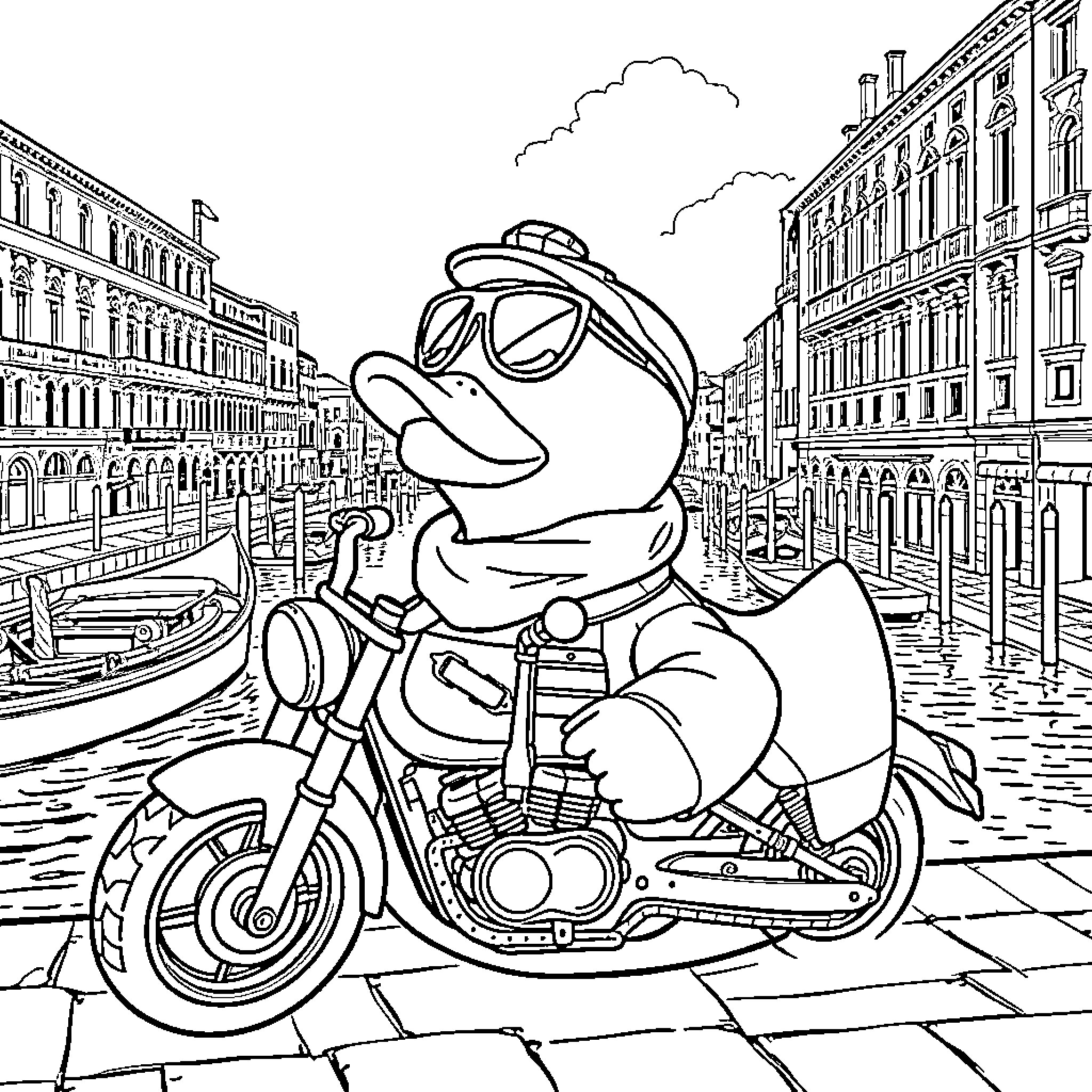 Rubber Duck riding a motorcycle in a scenic Venetian cityscape Coloring Page (free black-and-white line drawing printable PDF for all, from beginners to advanced learners, including children, teens, adults, and seniors)