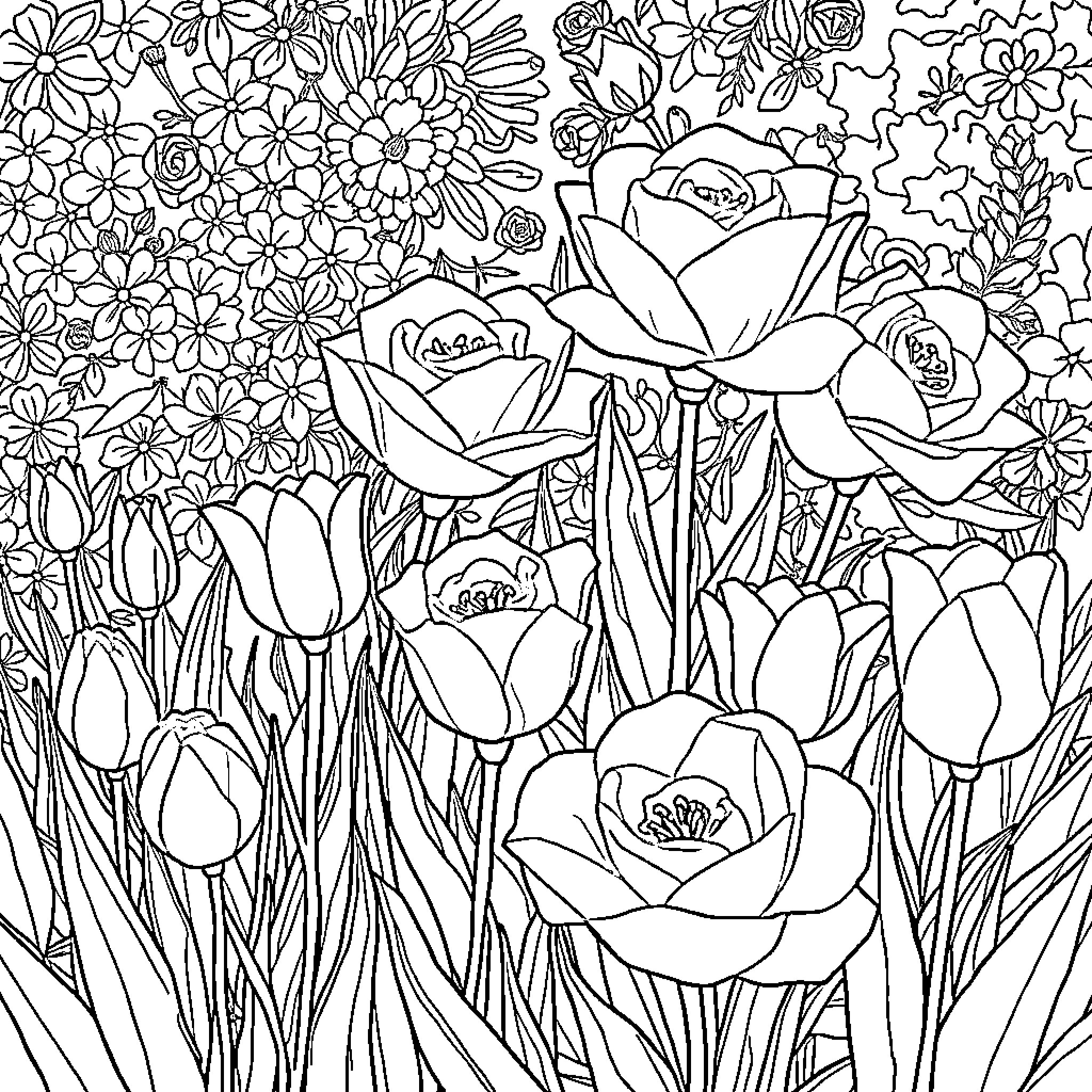 Rose Garden Floral Delight Coloring Page (free black-and-white line drawing printable PDF for all, from beginners to advanced learners, including children, teens, adults, and seniors)