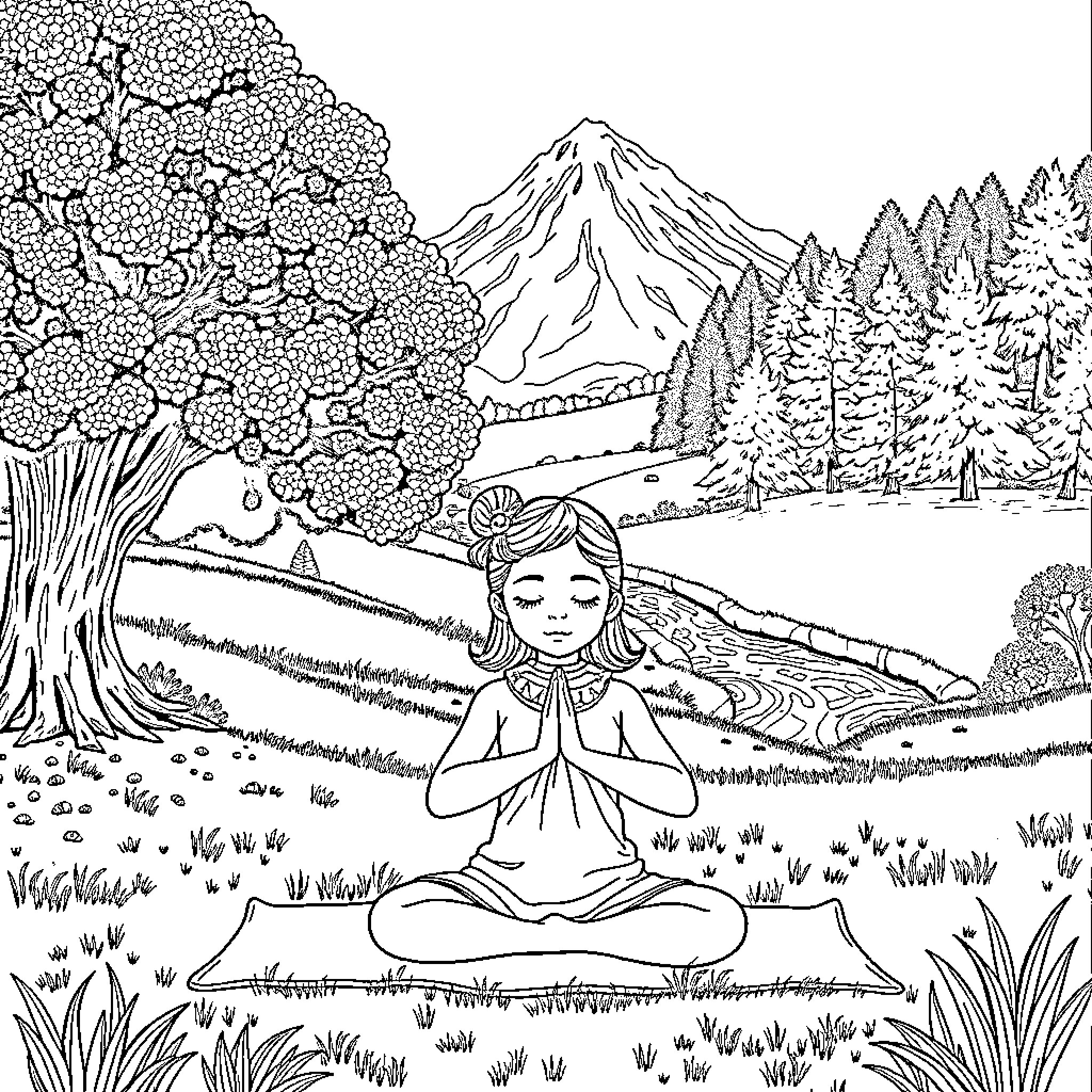Nina meditating in serene nature landscape Coloring Page (free black-and-white line drawing printable PDF for all, from beginners to advanced learners, including children, teens, adults, and seniors)