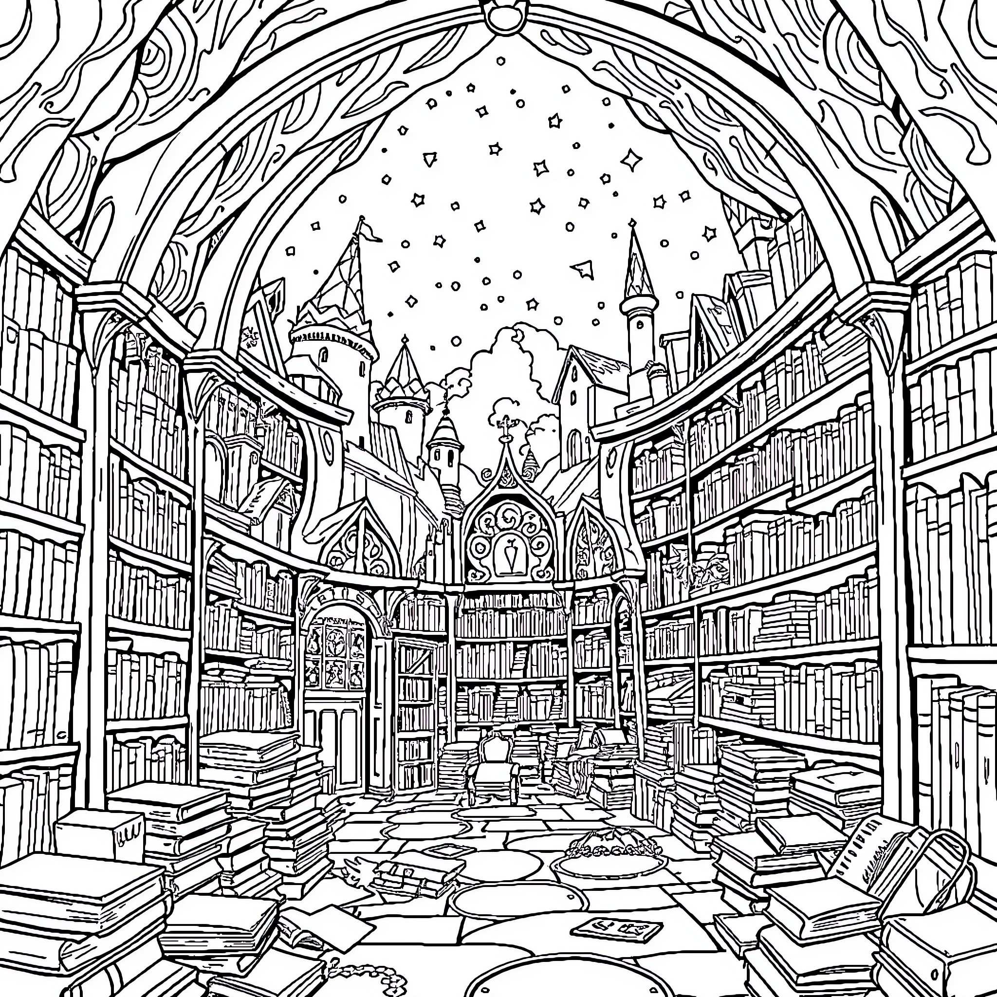 Bibliagodis: Enchanted Library of Wonders Coloring Page (free black-and-white line drawing printable PDF for all, from beginners to advanced learners, including children, teens, adults, and seniors)