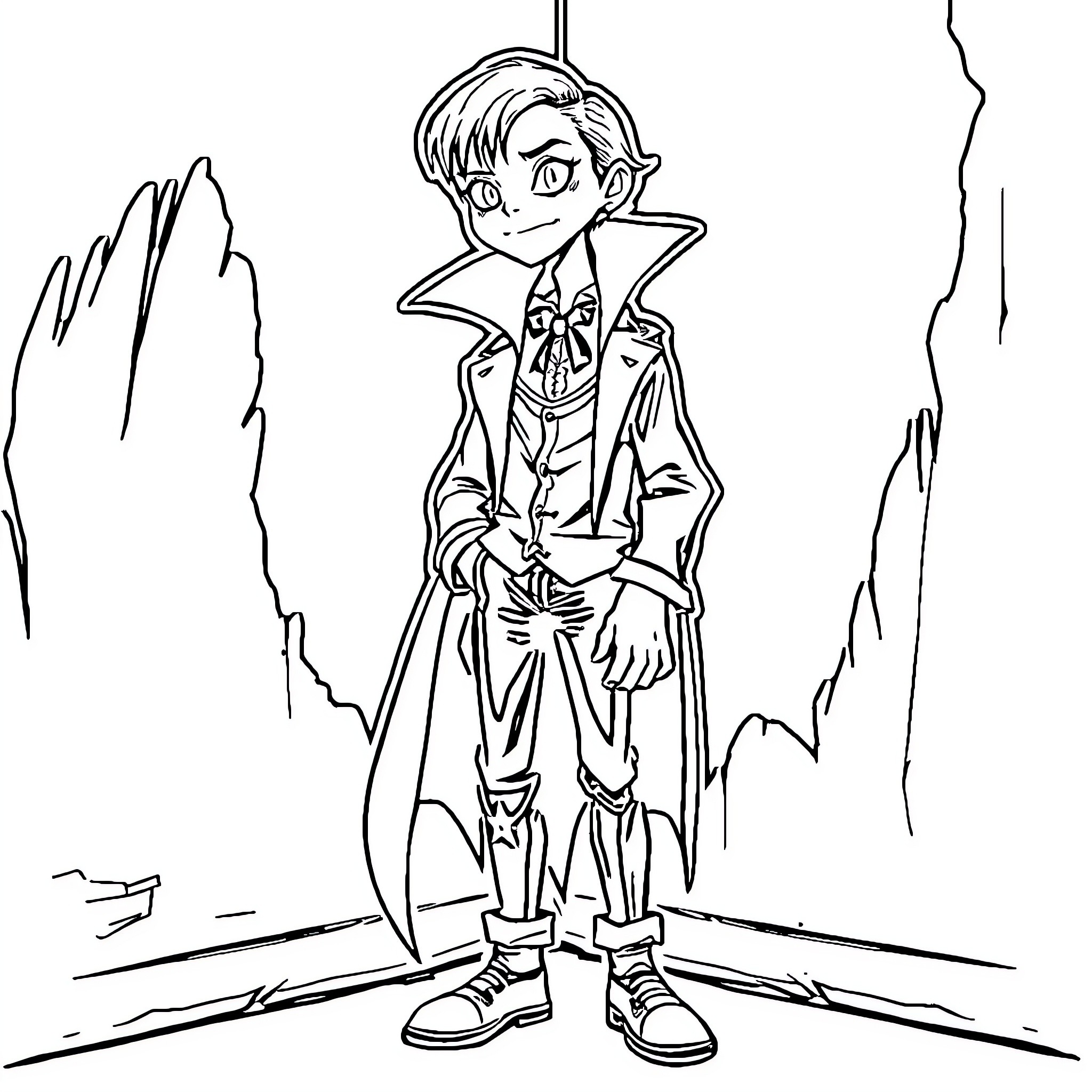 Vampire Boy in Formal Attire Stands Proudly Coloring Page (free black-and-white line drawing printable PDF for all, from beginners to advanced learners, including children, teens, adults, and seniors)