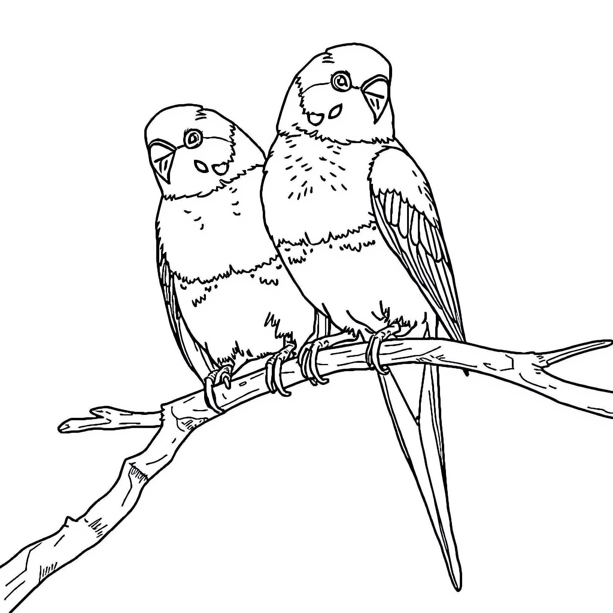 Budgie friends perching together Coloring Page (free black-and-white line drawing printable PDF for all, from beginners to advanced learners, including children, teens, adults, and seniors)