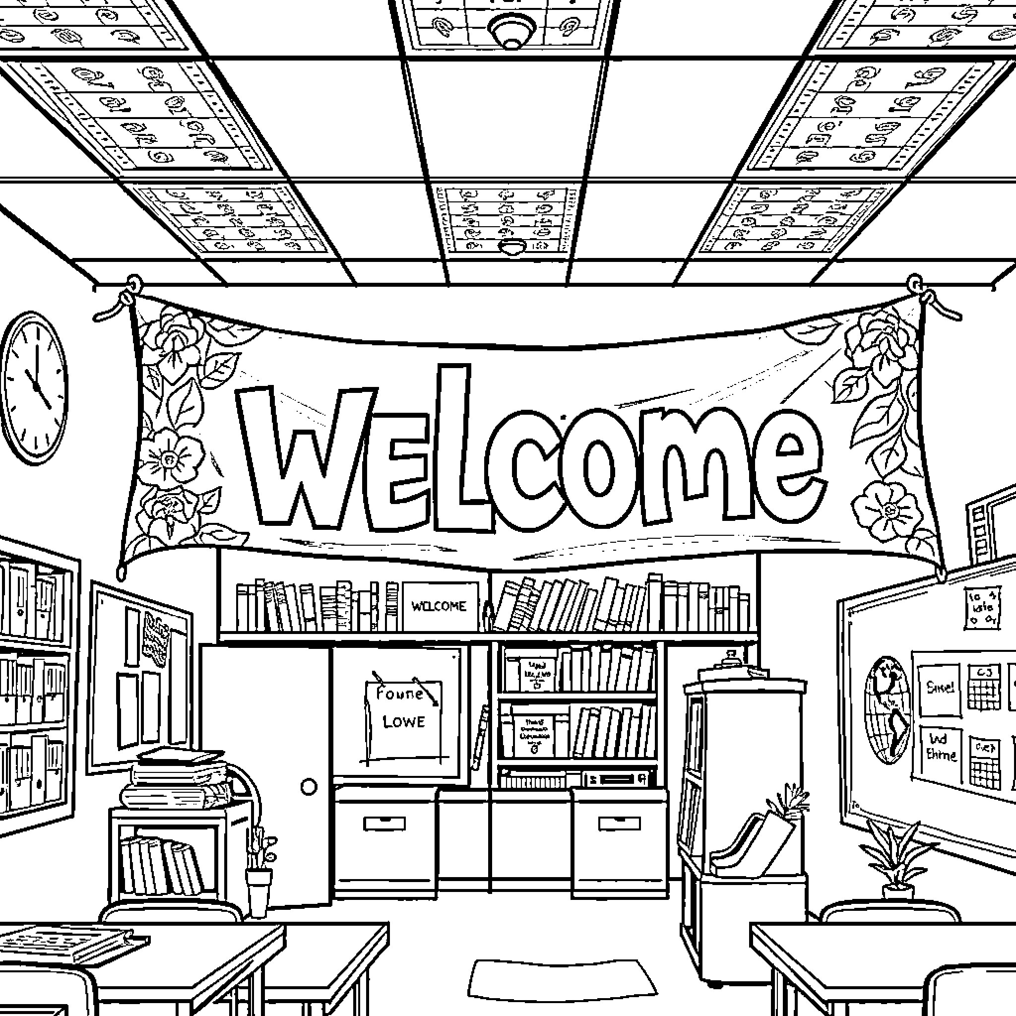 Banner of Welcome in a Classroom Setting Coloring Page (free black-and-white line drawing printable PDF for all, from beginners to advanced learners, including children, teens, adults, and seniors)