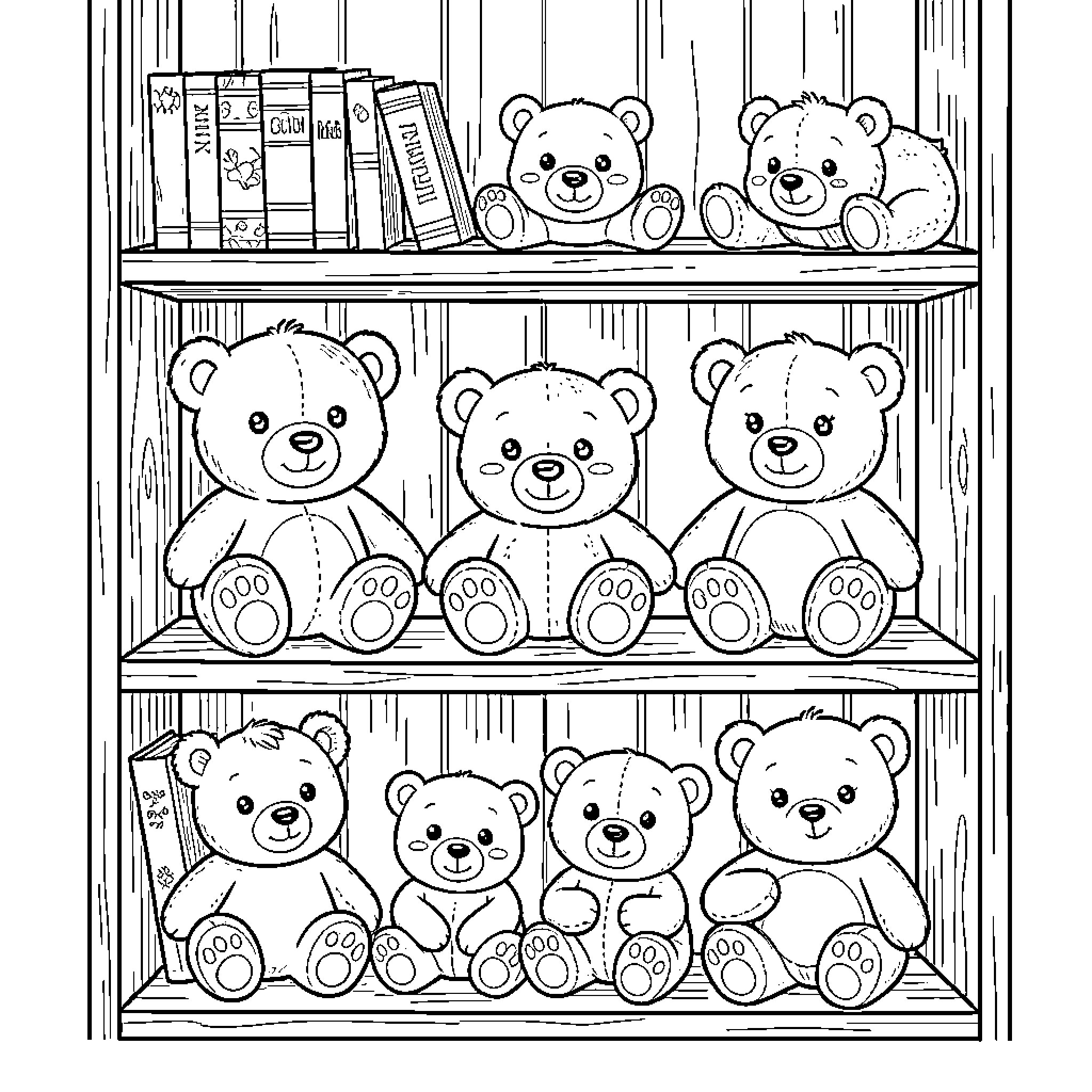 Bear toys on shelves in a toy store Coloring Page (free black-and-white line drawing printable PDF for all, from beginners to advanced learners, including children, teens, adults, and seniors)