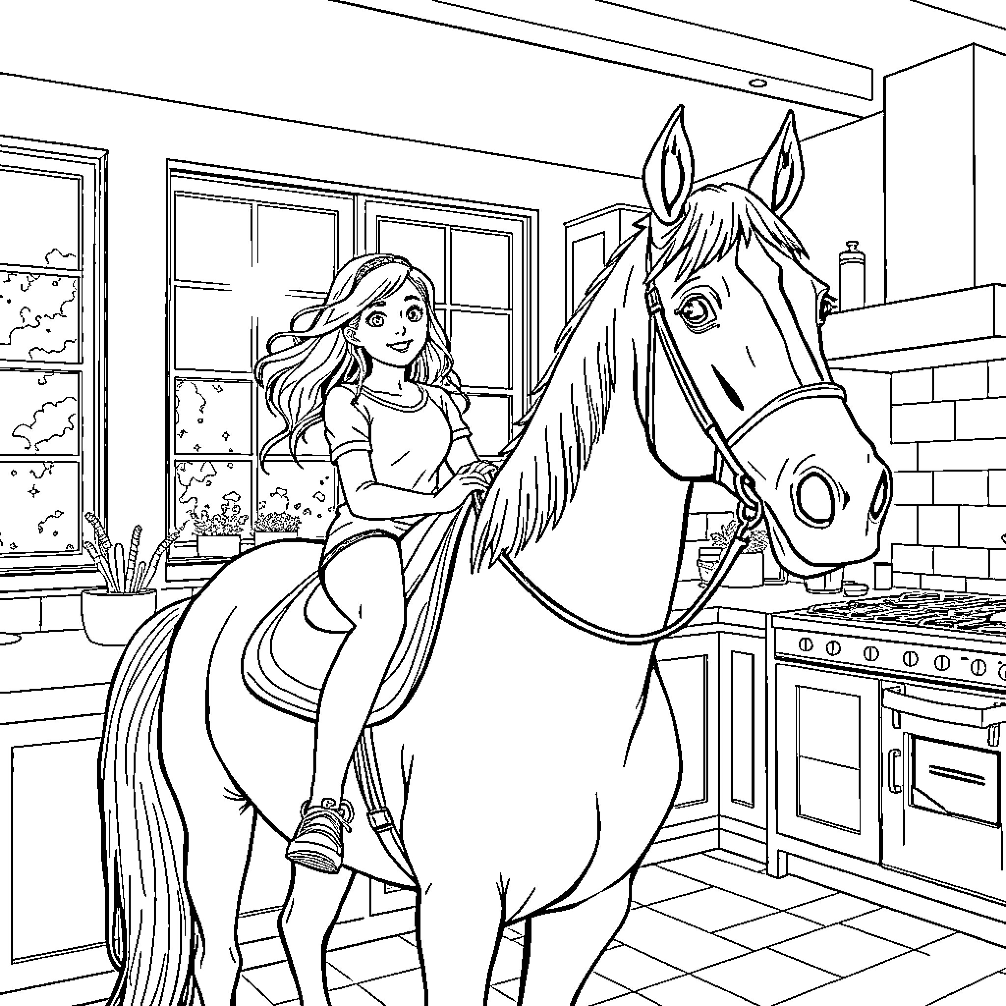 Girl and her horse in the kitchen Coloring Page (free black-and-white line drawing printable PDF for all, from beginners to advanced learners, including children, teens, adults, and seniors)