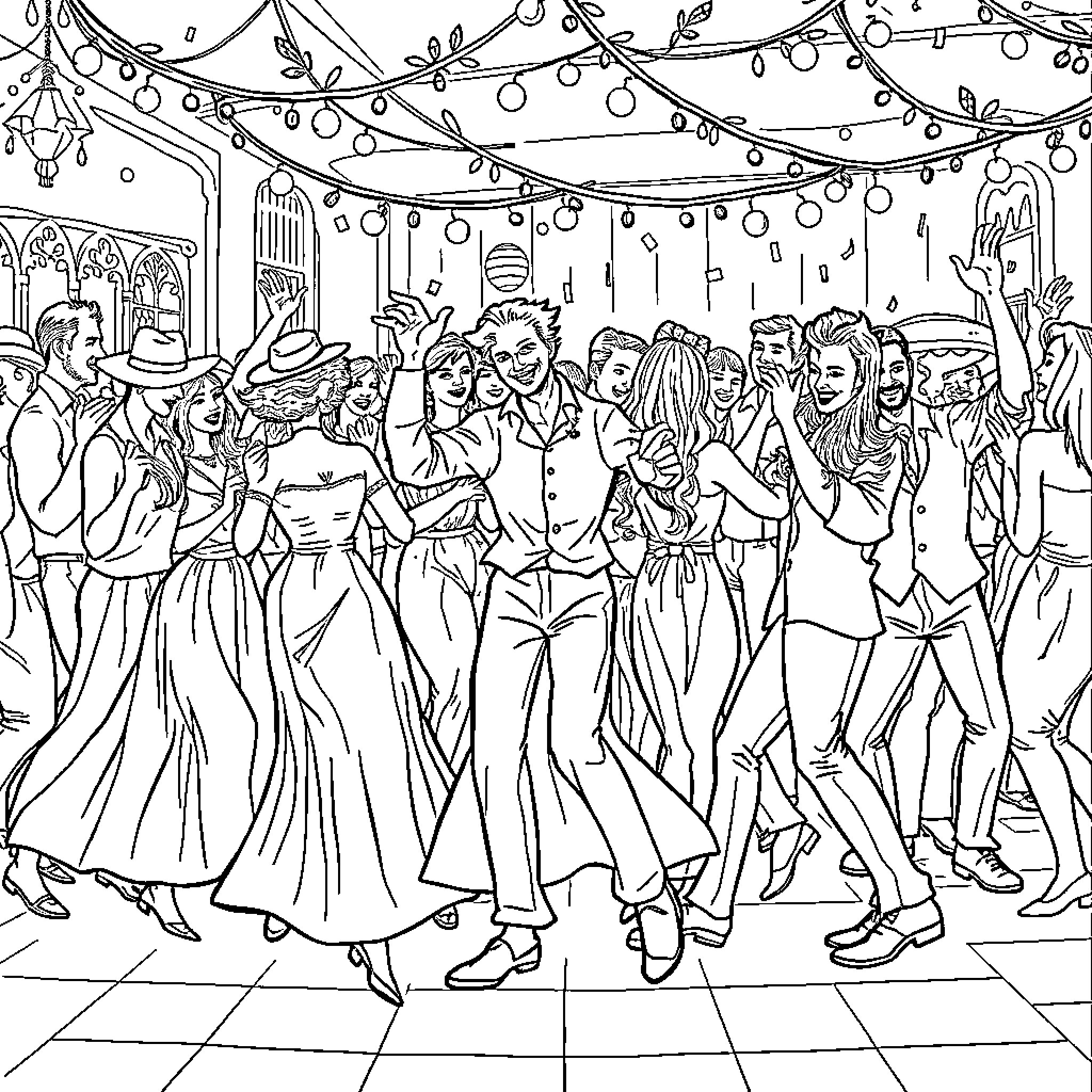 Brainrot: Stylish folks at a lively social gathering Coloring Page (free black-and-white line drawing printable PDF for all, from beginners to advanced learners, including children, teens, adults, and seniors)