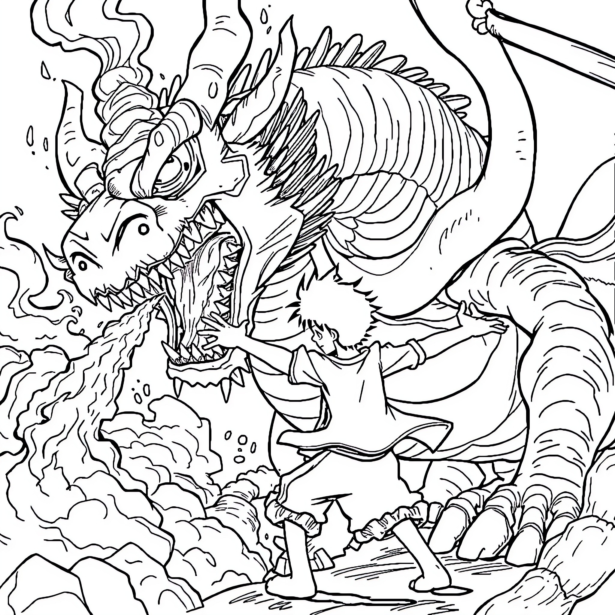 Luffy battles a ferocious monster in an intense scene Coloring Page (free black-and-white line drawing printable PDF for all, from beginners to advanced learners, including children, teens, adults, and seniors)