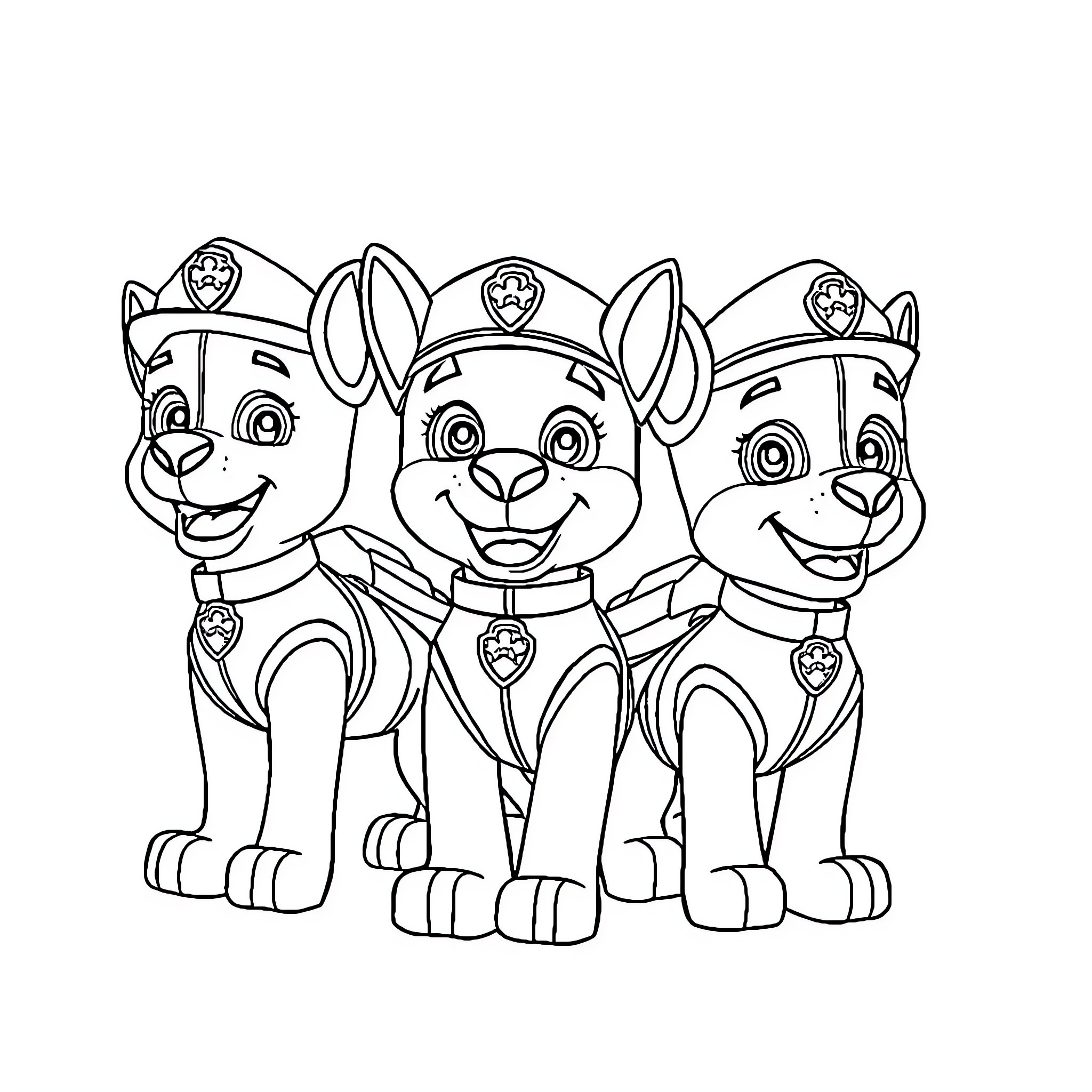 Paw Patrol puppies in heroic costumes Coloring Page (free black-and-white line drawing printable PDF for all, from beginners to advanced learners, including children, teens, adults, and seniors)