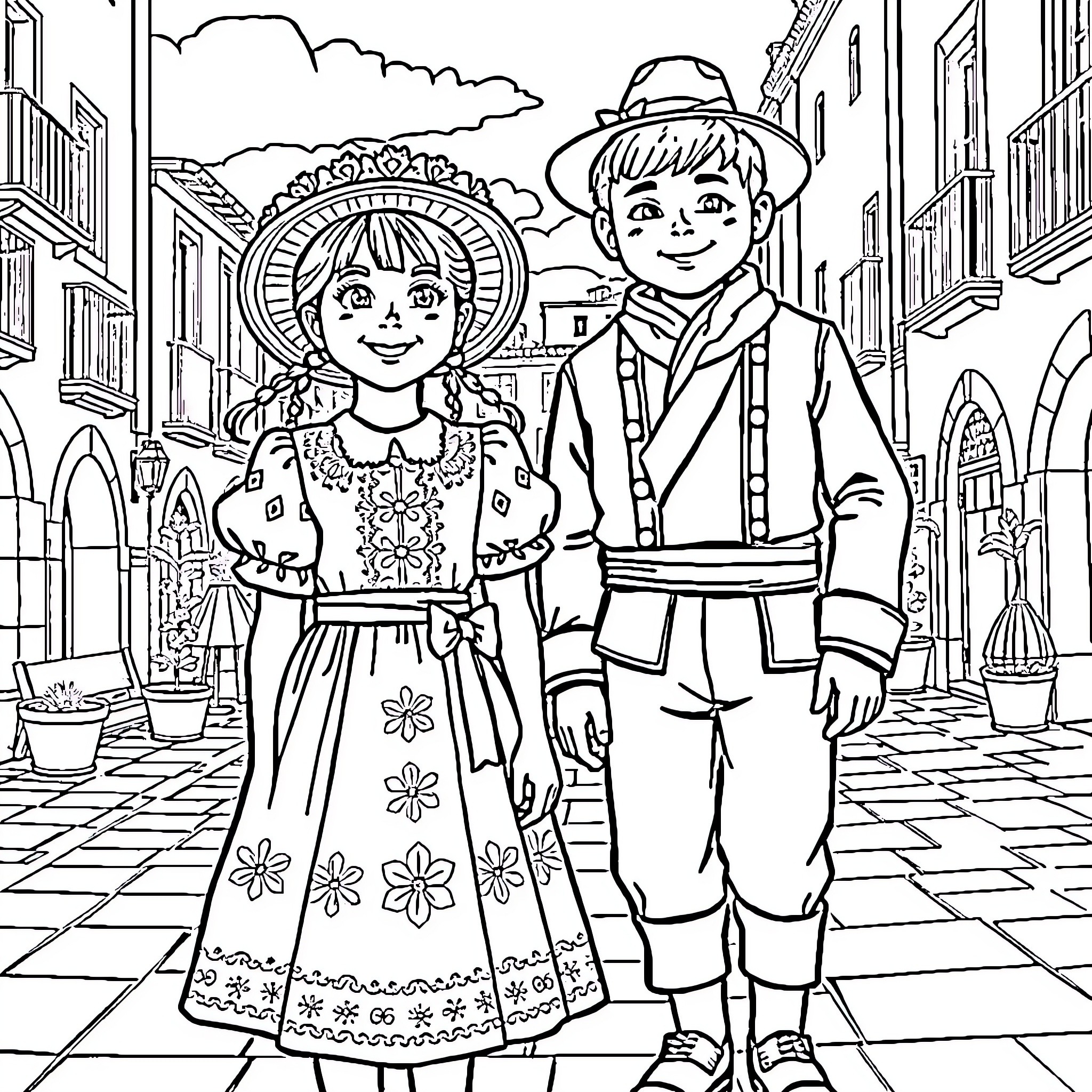 Girl and Boy in Traditional Folk Costumes Coloring Page (free black-and-white line drawing printable PDF for all, from beginners to advanced learners, including children, teens, adults, and seniors)