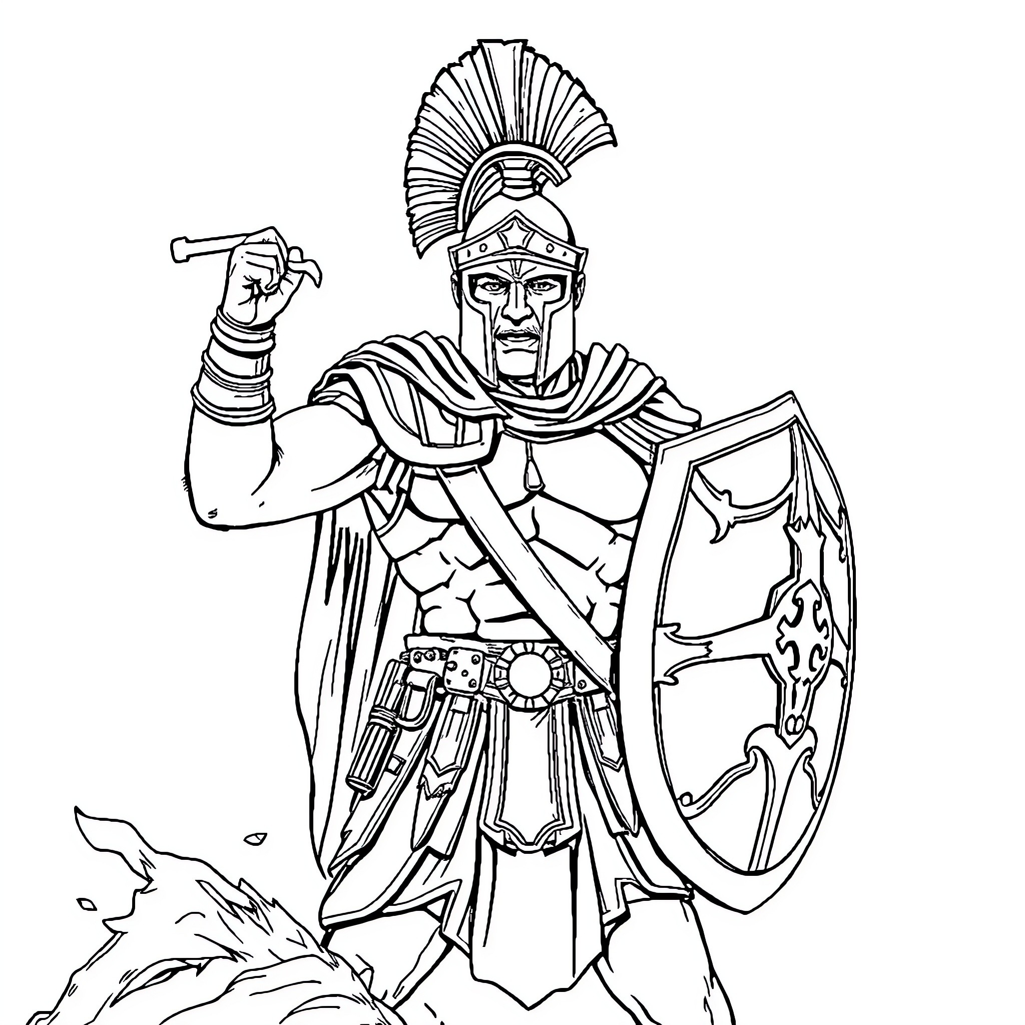 Spartan warrior in battle stance with shield and sword Coloring Page (free black-and-white line drawing printable PDF for all, from beginners to advanced learners, including children, teens, adults, and seniors)