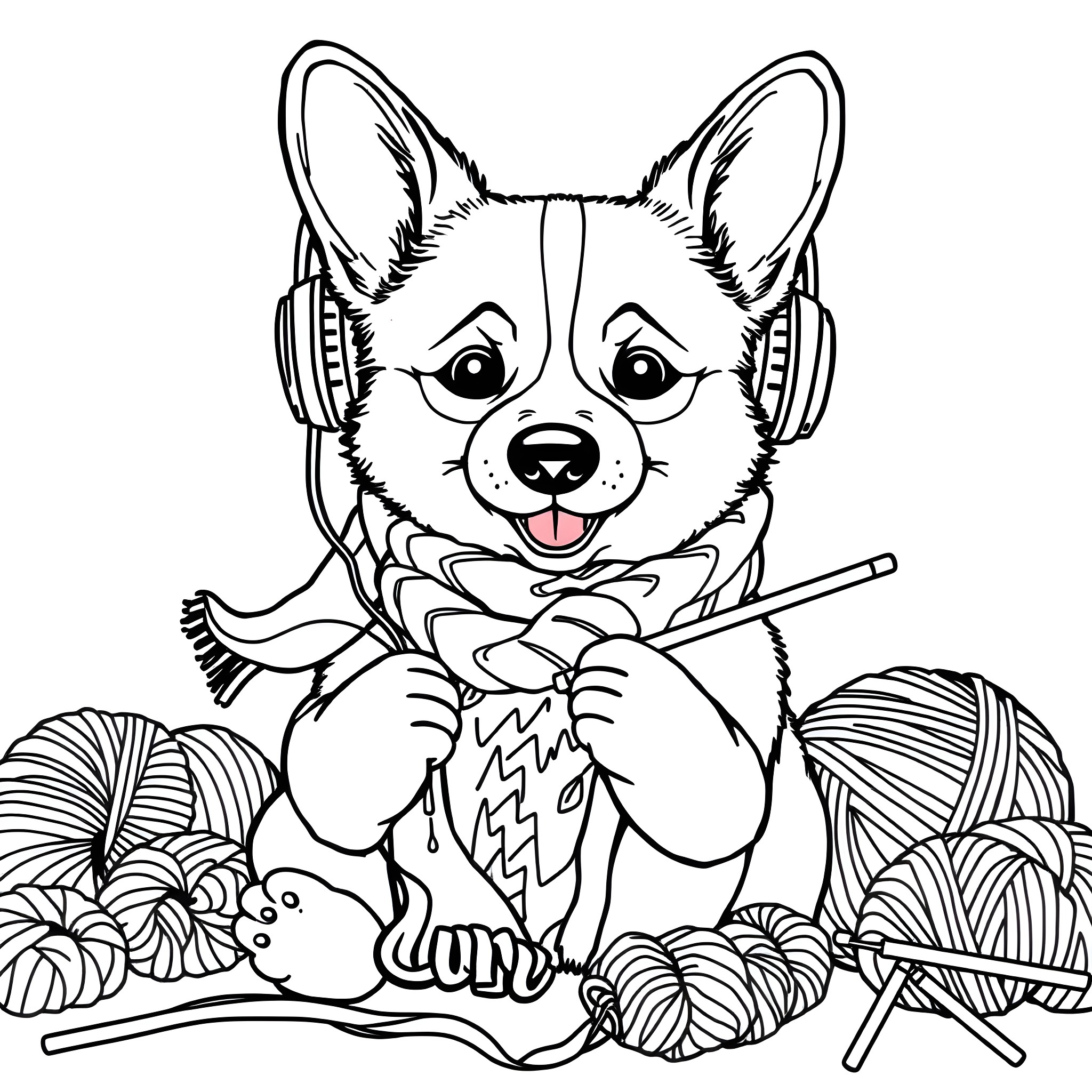 Corgi playing with yarn and wearing headphones Coloring Page (free black-and-white line drawing printable PDF for all, from beginners to advanced learners, including children, teens, adults, and seniors)