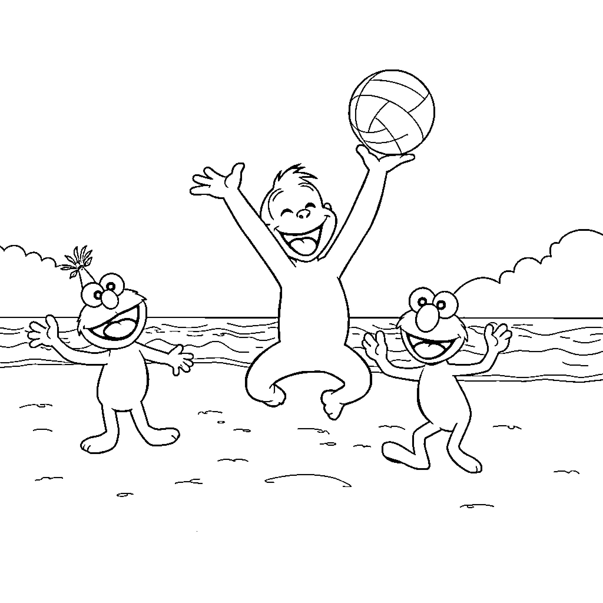 George enjoys playing beach volleyball with friends Coloring Page (free black-and-white line drawing printable PDF for all, from beginners to advanced learners, including children, teens, adults, and seniors)