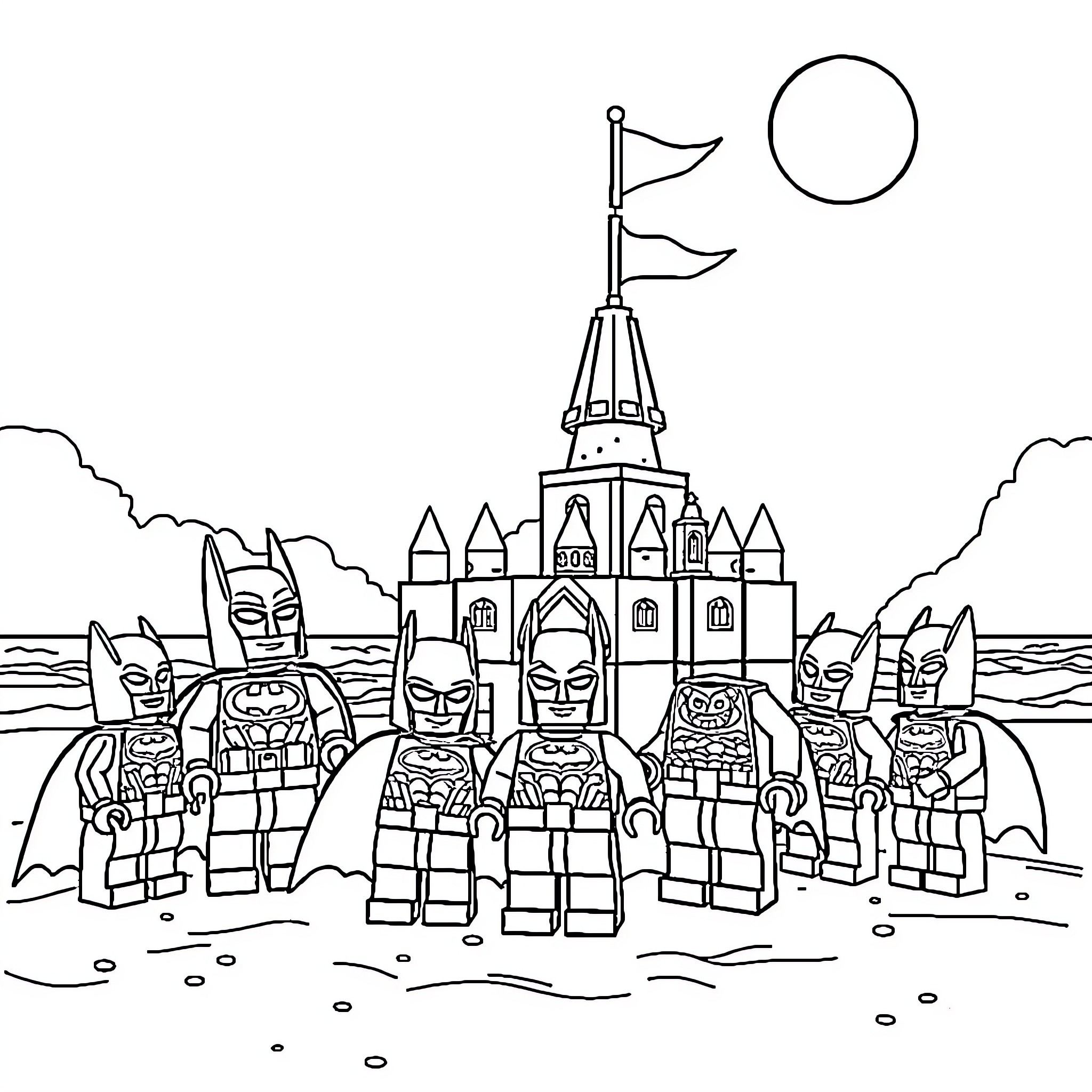 Lego Batman defending the castle and city Coloring Page (free black-and-white line drawing printable PDF for all, from beginners to advanced learners, including children, teens, adults, and seniors)